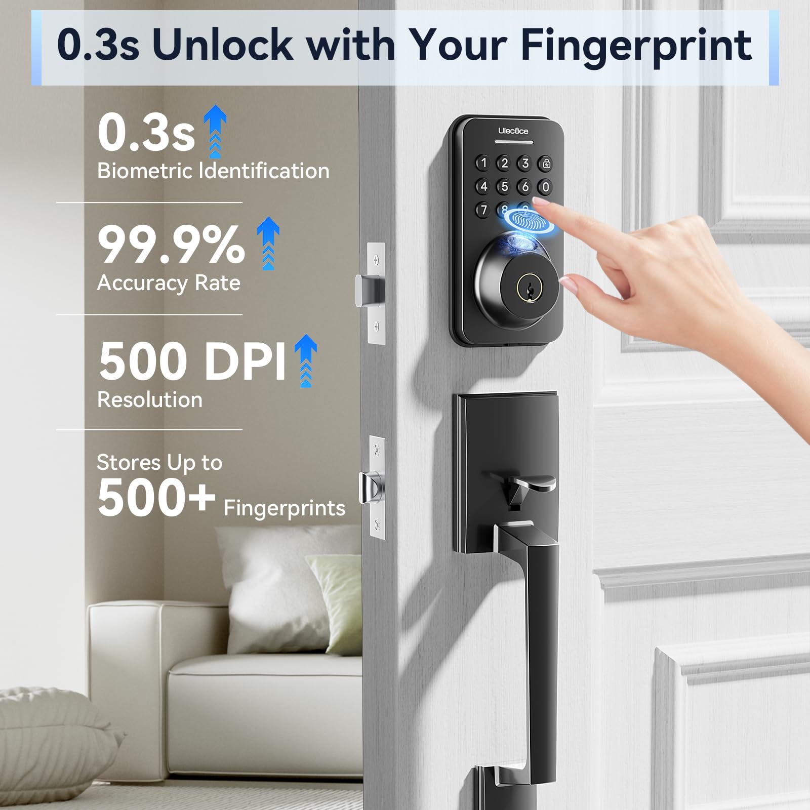 Ulecoce Pêne dormant à clavier à empreintes digitales avec poignée, serrure de porte d'entrée sans clé, serrures de porte pour ensemble de serrure de porte d'entrée, contrôle par application