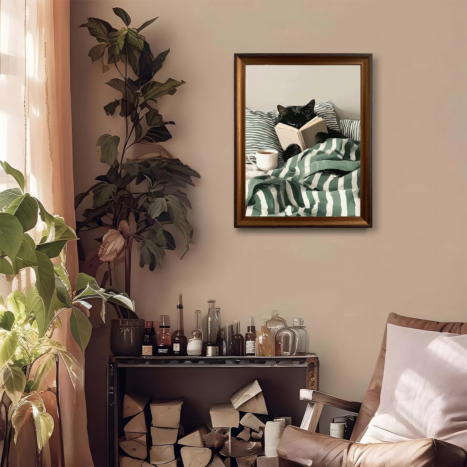 Funny Black Cat Canvas Wall Art Black Cat Reading Book Wall Decor Pictures Cute Animal Book Lover Poster Prints for Bedroom Living Room Home Decoration 12X16in Ready to Hang