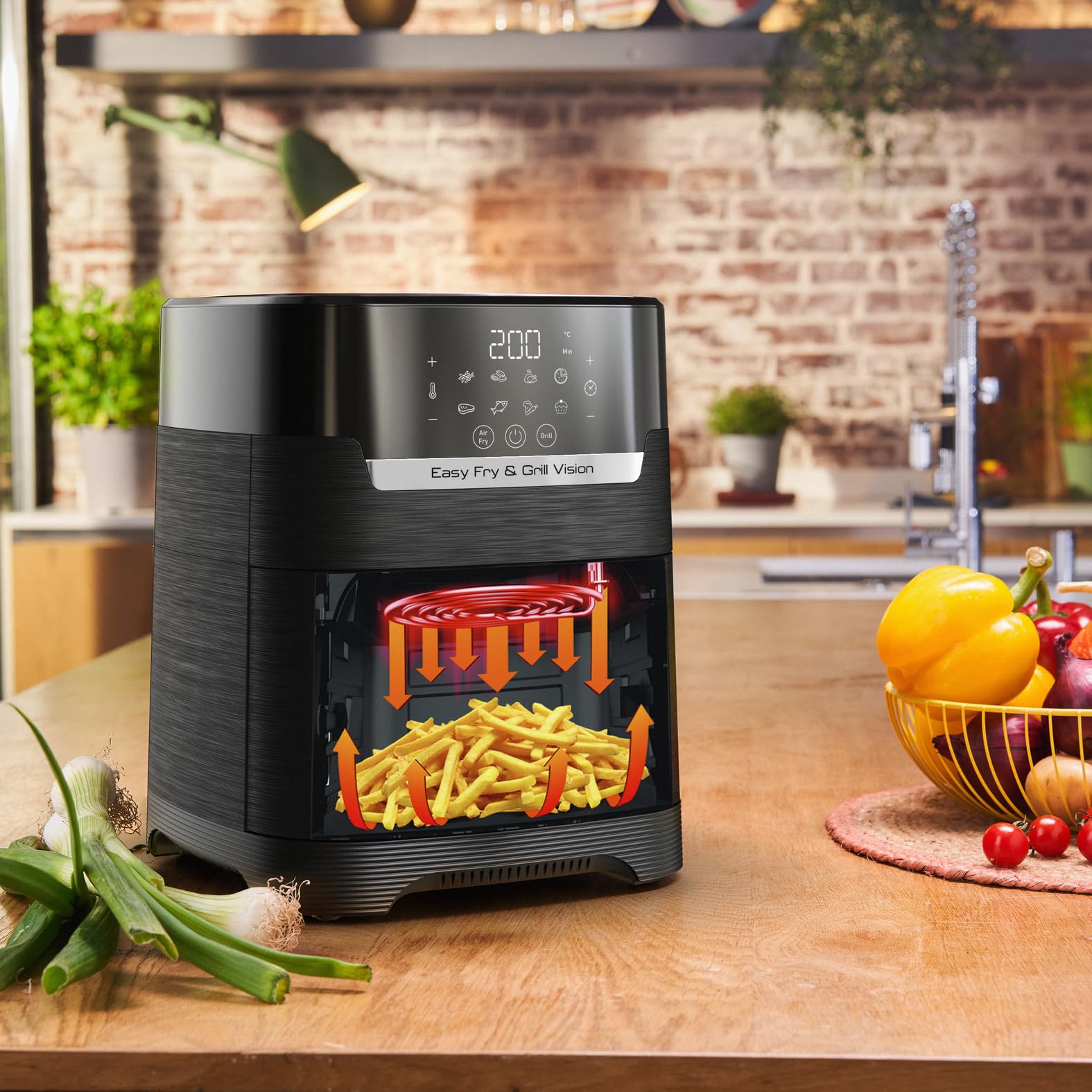 TEFAL EY5068 Easy Fry&Grill Vision Frytkownica beztłuszczowa na gorące powietrze, 4,2 l, grill, technologia Extra Crisp, energooszczędna, ekran dotykowy, 8 programów automatycznych, aplikacja, czarny
