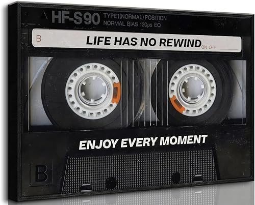 Cinta de casete inspiradora vintage enmarcada en lienzo para pared, citas inspiradoras de oficina, la vida no ha rebobinado retro motivacional