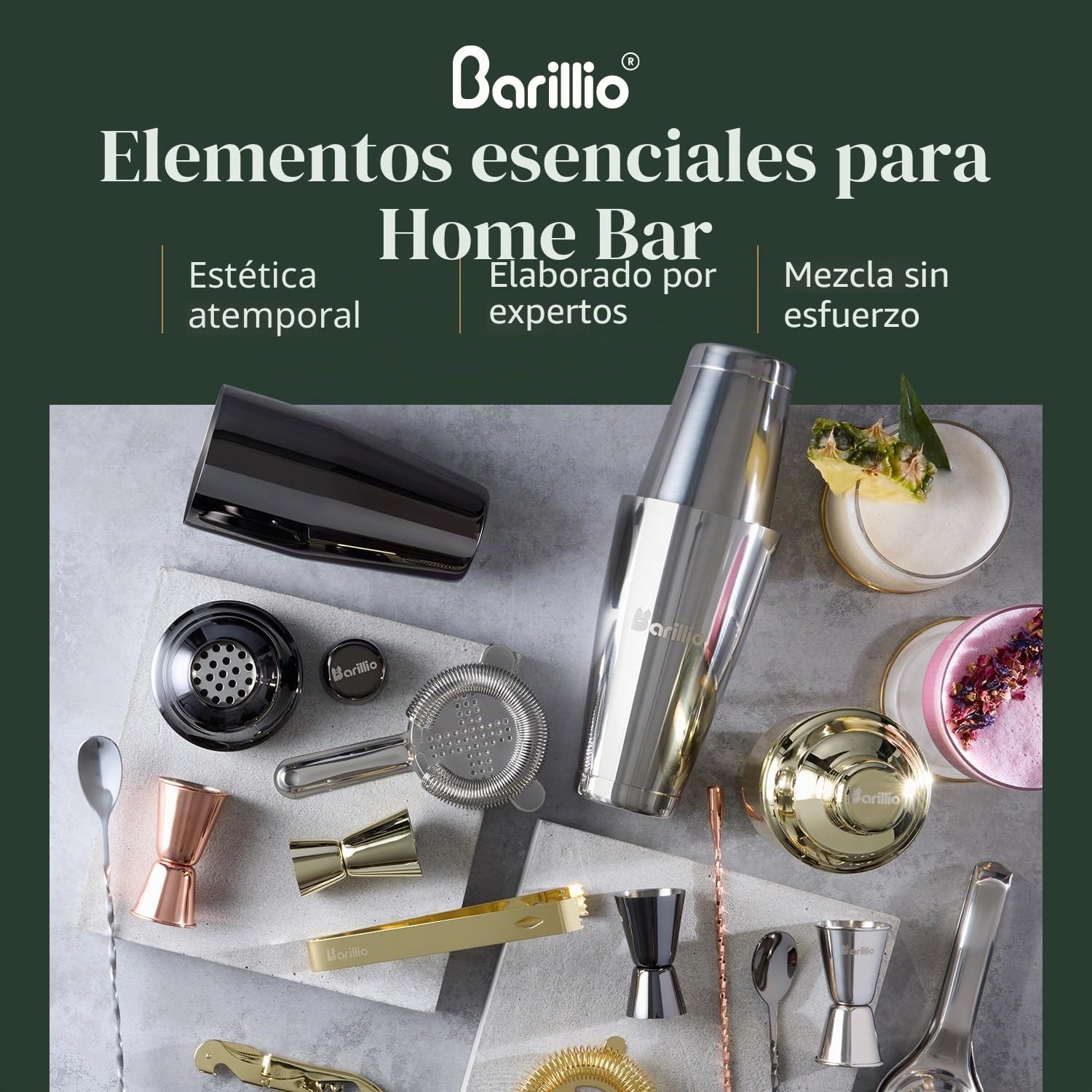 Barillio Juego de herramientas de bar Pro Edition – Juego de coctelera de acero inoxidable – Kit de barman mixología con coctelera Boston, mezclador de bebidas y mortero para cócteles – Accesorios de