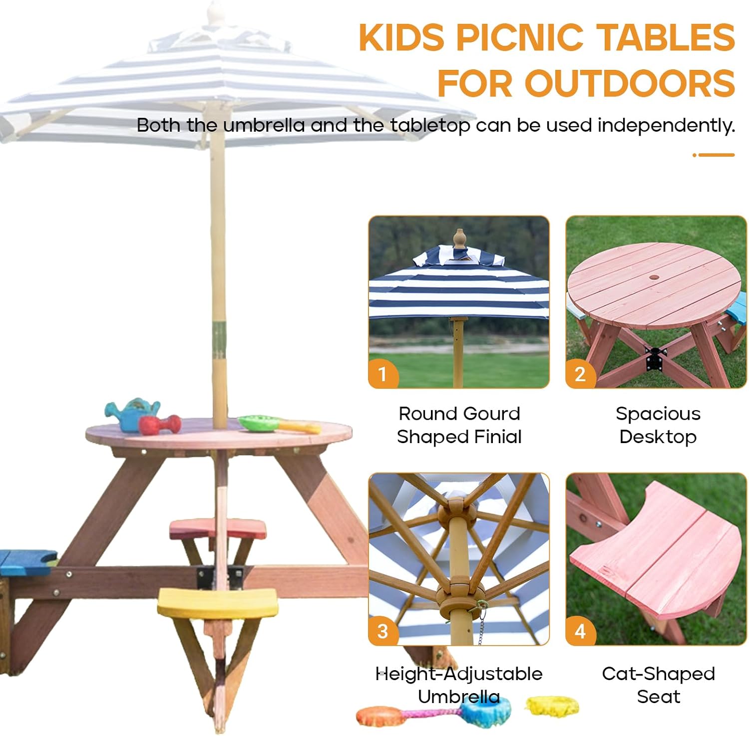 Kids Picnic Table & Chairs/Umbrella, Low Wooden Cedar Playset, Outdoor Toys, Backyard Patio Lawn Furniture for Toddlers 3-8, Small Art & Water Play Gardening Sensory Table Red 47.2x59.8