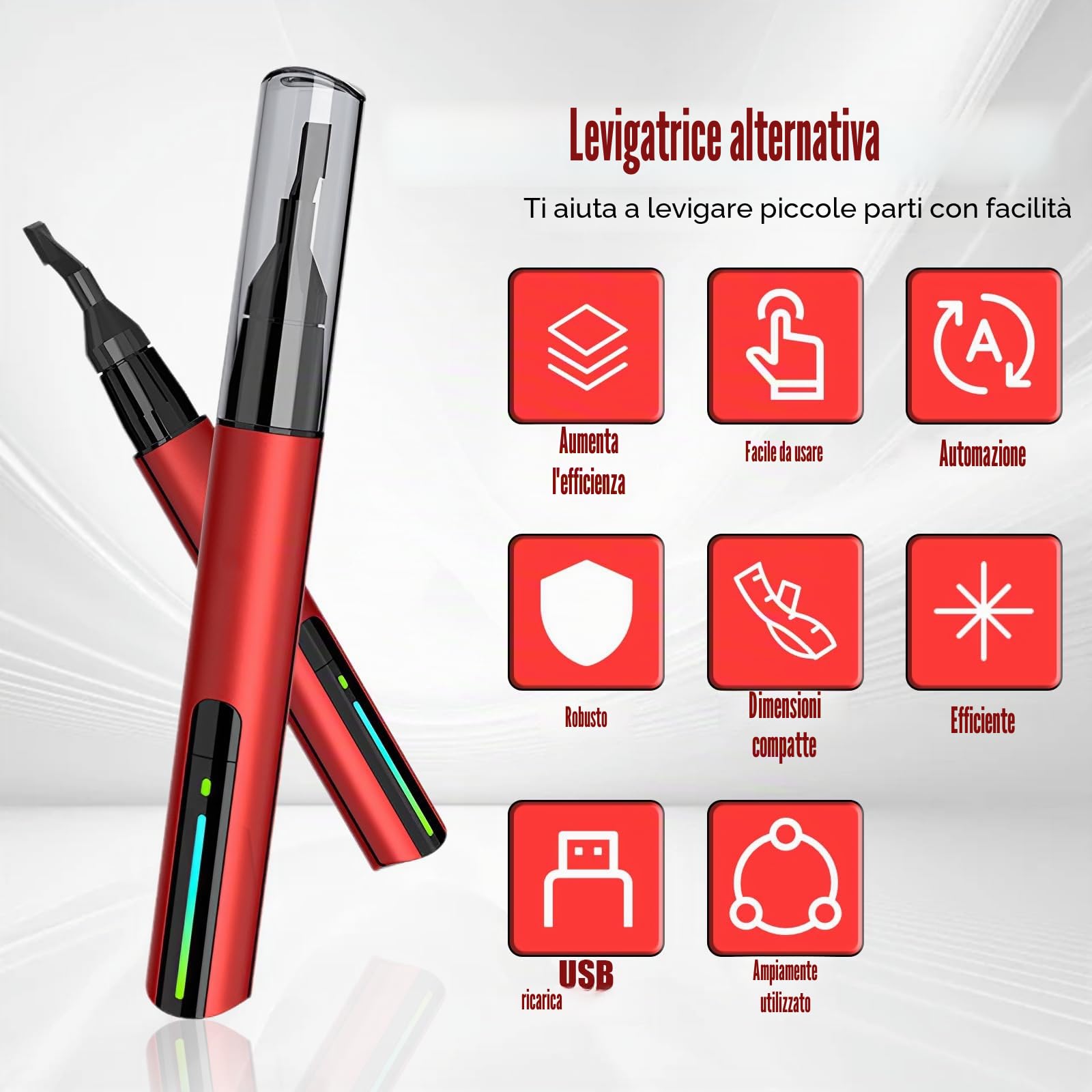 Levigatrice a sciabola con 8 testine abrasive, 12 tipi di carta vetrata, mini penna abrasiva elettrica, protezione sovraccarico, 3 marce, ricarica USB rapida