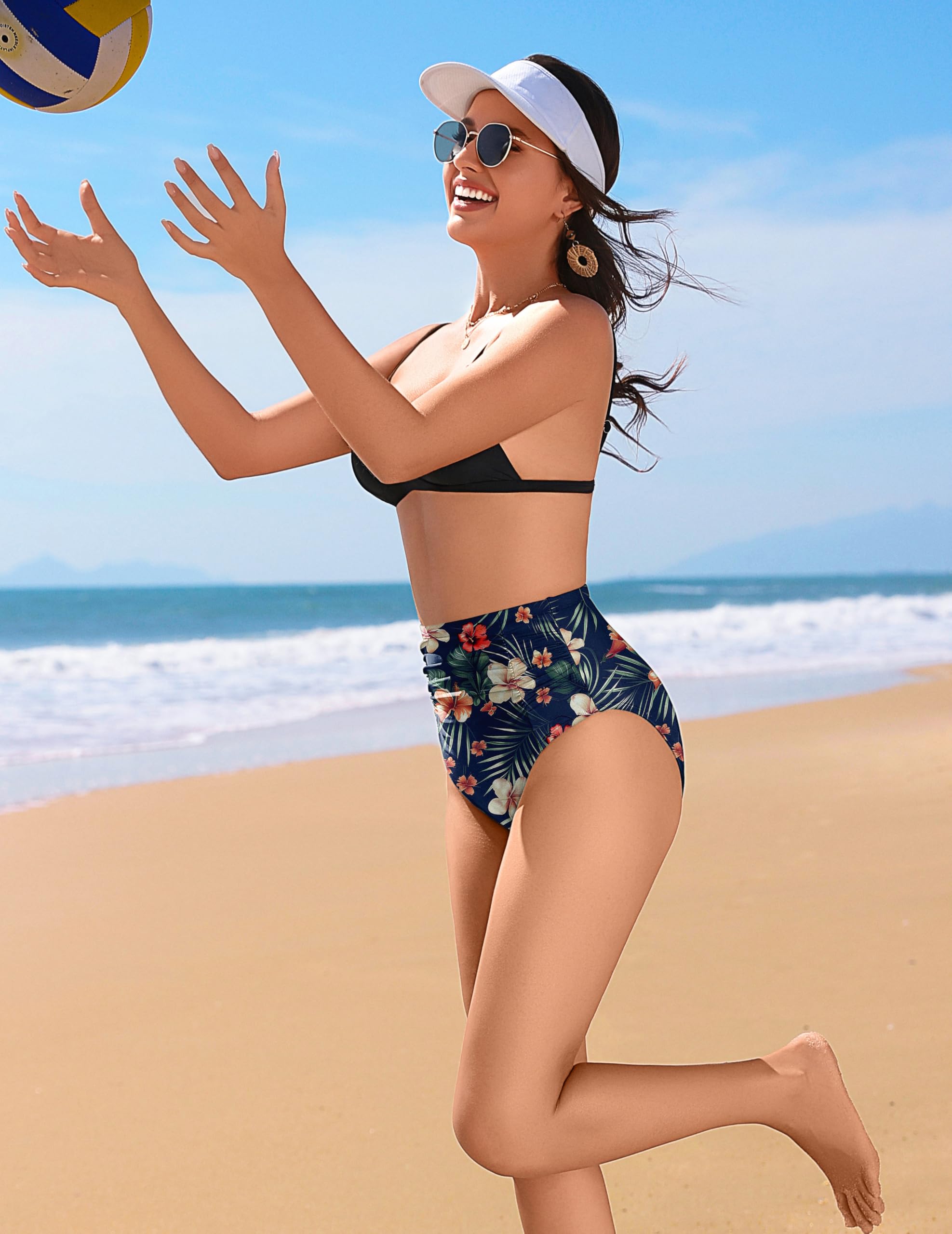 Ekouaer Bas de Maillot de Bain Femme Taille Haute Short de Bain Froncé Effet Ventre Plat pour Femmes, Filles, Adolescentes S-XXL