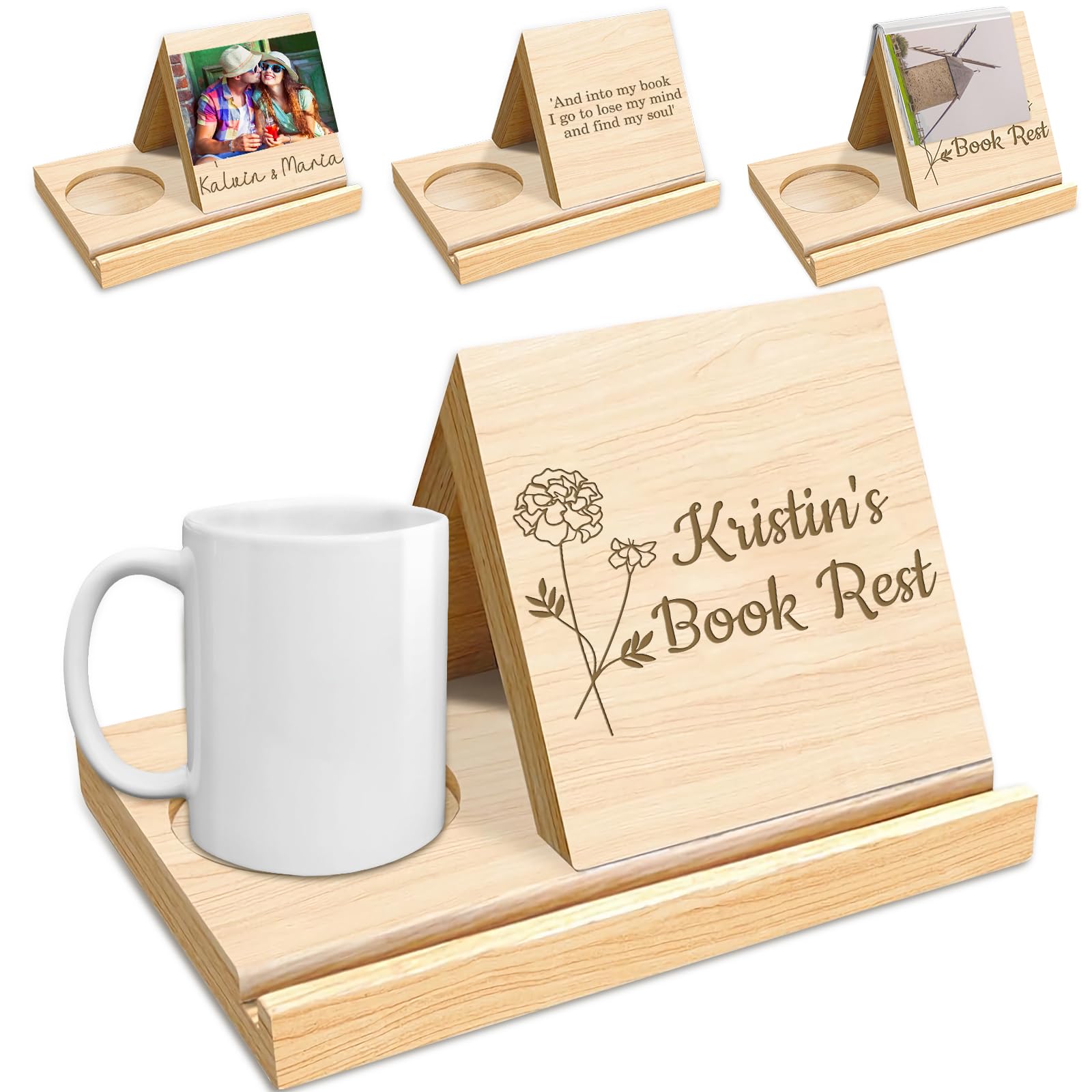 Personalized Solid Oak Wooden Triangle Bookshelf Book Stand Holder Engraved Text Custom Book Holder with Mug Coffee Christmas Birthday Gift