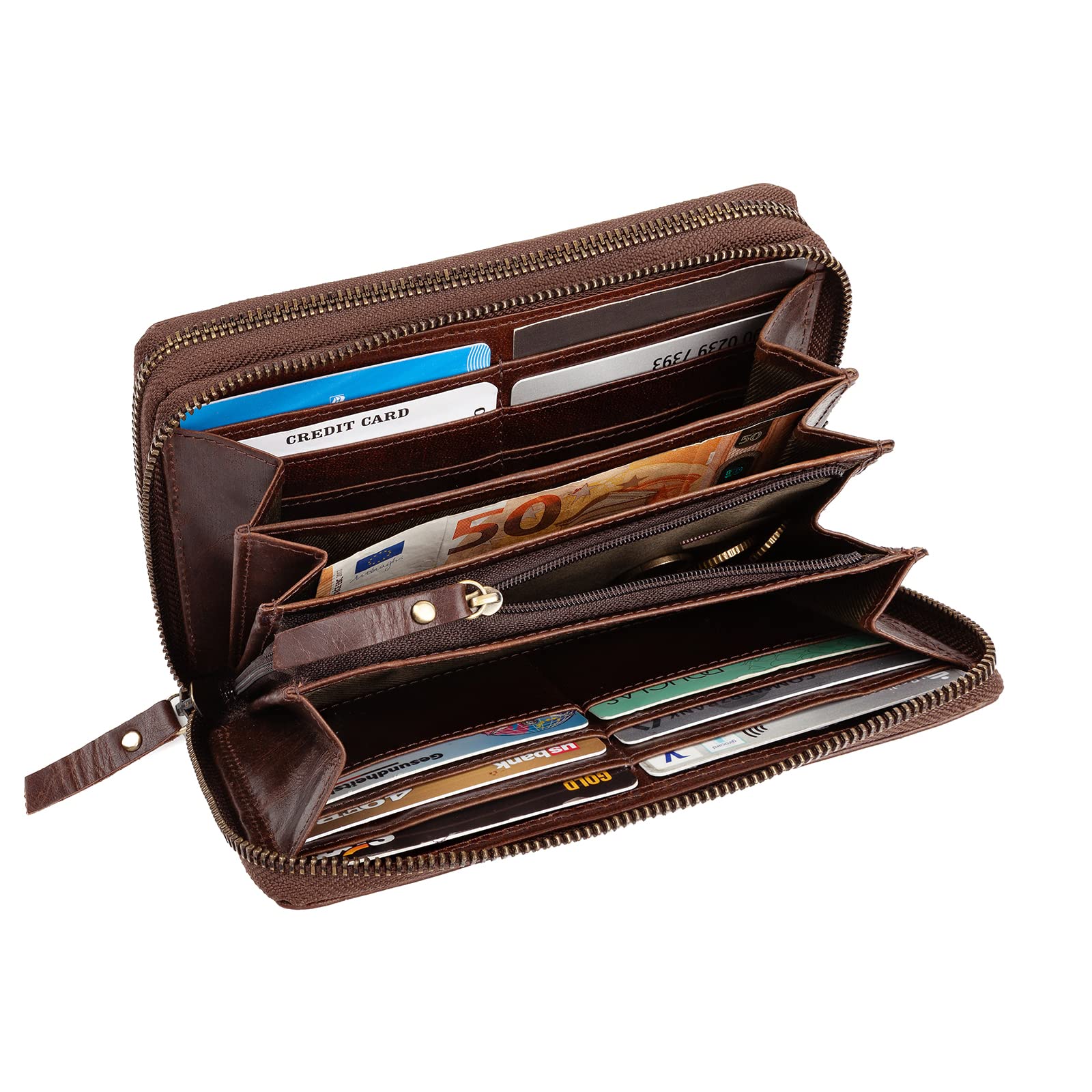 LEABAGS Billetera de Cuero para Mujeres XXL con Doble Cremallera y Protección RFID | Monedero con Compartimento para Monedas | 29 Compartimentos para Tarjetas