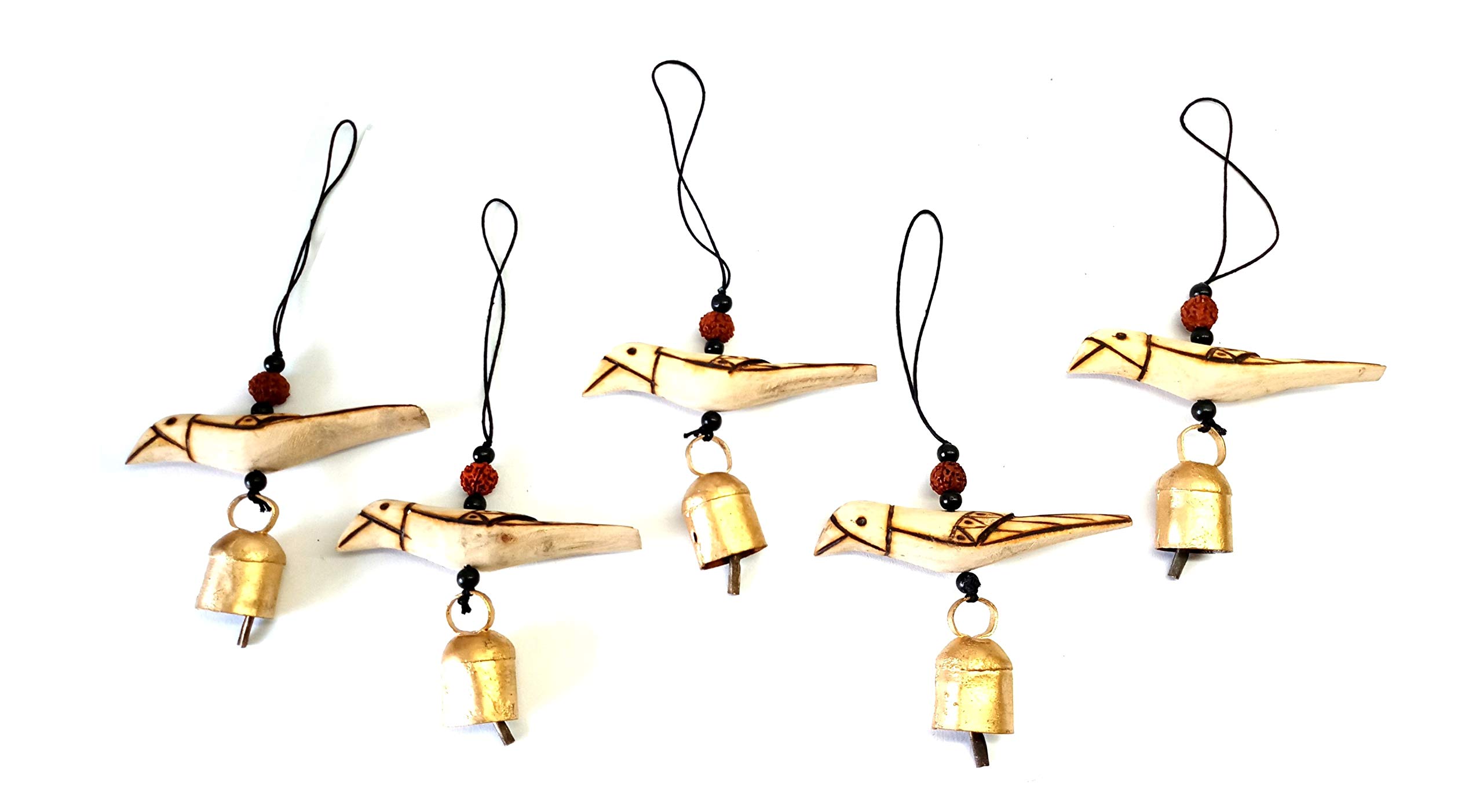 CURIOFACT Single Bird Hanging - Car Hanging - Door Hanging - Wind Chime - Garden Hanging - Garden Ornament with Copper Bells - Burnt Finish (Set of 5)