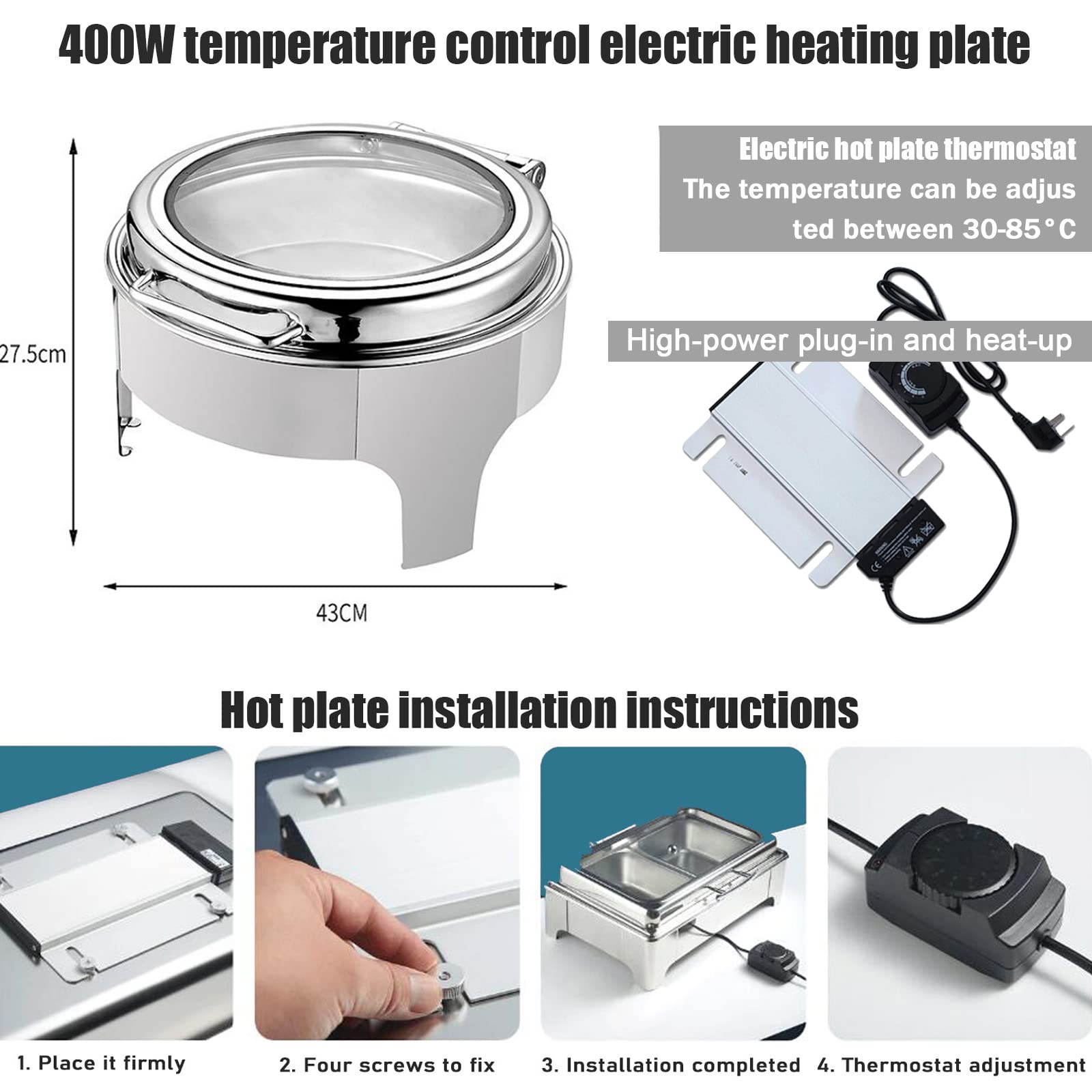 Calientaplatos eléctrico Redondo,Calientaplatos para Fiestas Buffet eléctrico,Juego de calientaplatos Buffet con Tapa de Cristal Templado,Calientaplatos Buffet Servidor,Bandeja de Acero Inoxidable