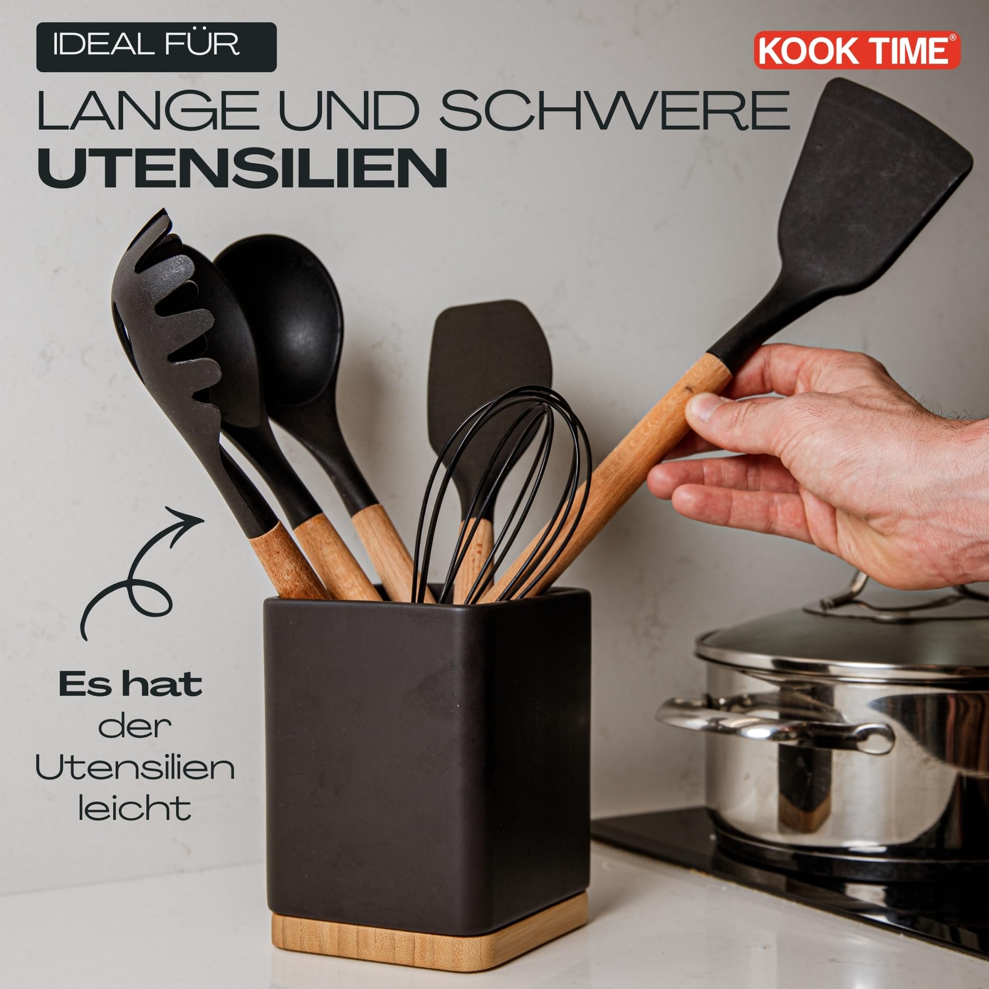 Küchenutensilienhalter - Utensilienhalter küche aus keramik und Bambus - Quadratischer küchenhelfer aufbewahrung - Schwarz - 10,5 x 10,5 x 15 cm