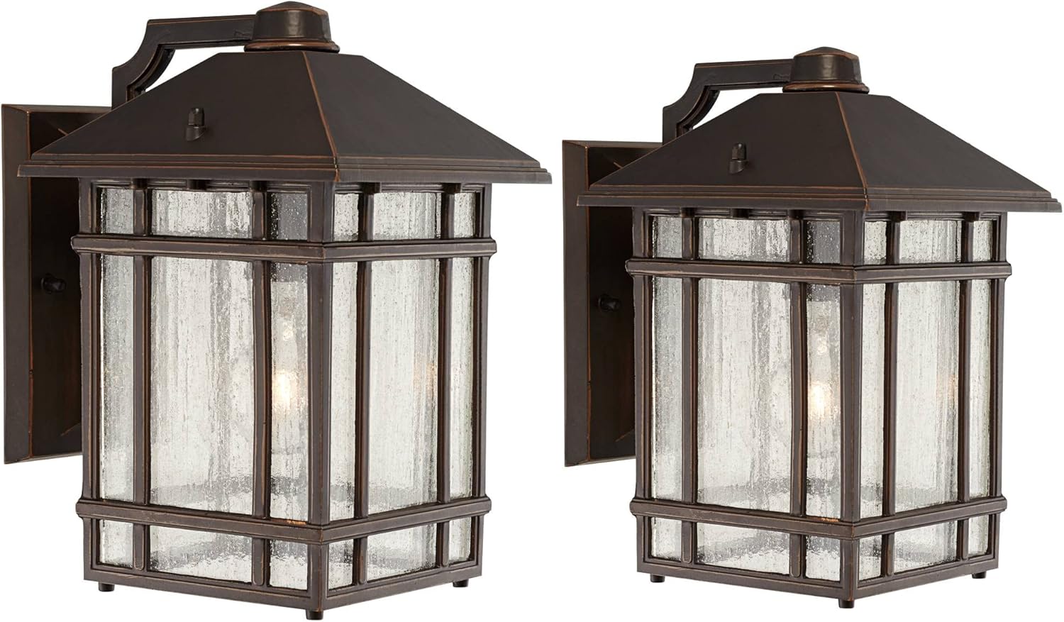 Kathy Ireland Jardin du Jour Sierra Craftsman Rustic Farmhouse Outdoor Wall Light Fixtures Set of 2 Rubbed Bronze 11" Seedy Glass for Exterior Barn Deck House Porch Yard Patio Outside Garage