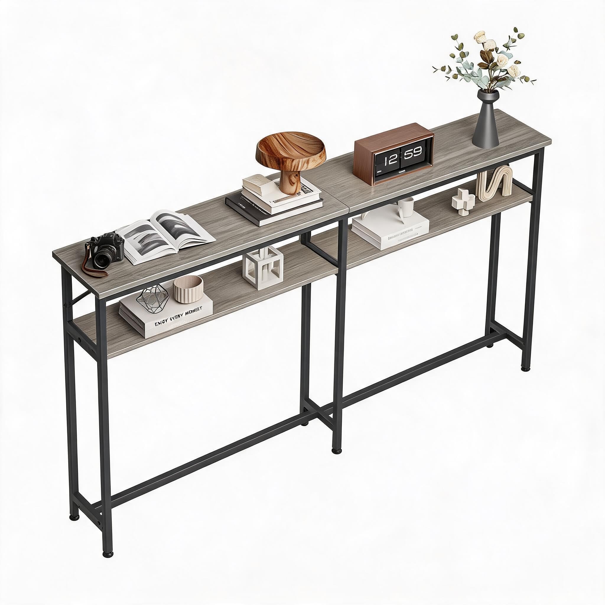 Mesa consola estrecha de 180 cm Acekool con estantes y dos niveles de estilo industrial