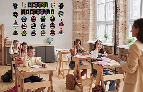 Miniatura 5 de PETCEE Juego de 27 tablones de anuncios de feliz cumpleaños para aula, decoración de tablón de anuncios de pared de confeti, recortes de cupcakes,