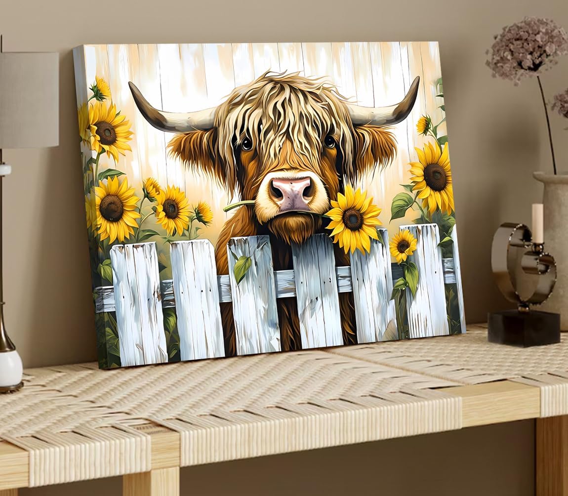 Funny Highland Cow Bathroom Canvas Wall Art,Rustic Farmhouse Cow Eating Sunflowers Canvas Print Painting for Bedroom Living Room Nursery Kitchen Office Home Decor-12 x16