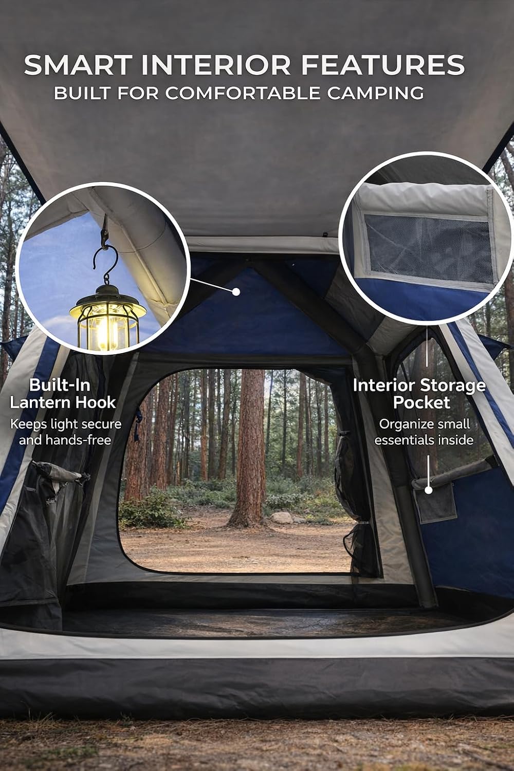 Inflatable Camping Tent with Built-in Canopy, Cabin-Style Air Tent for Family & Glamping, Extra Shade & Outdoor Living Space – Navy & Light Gray