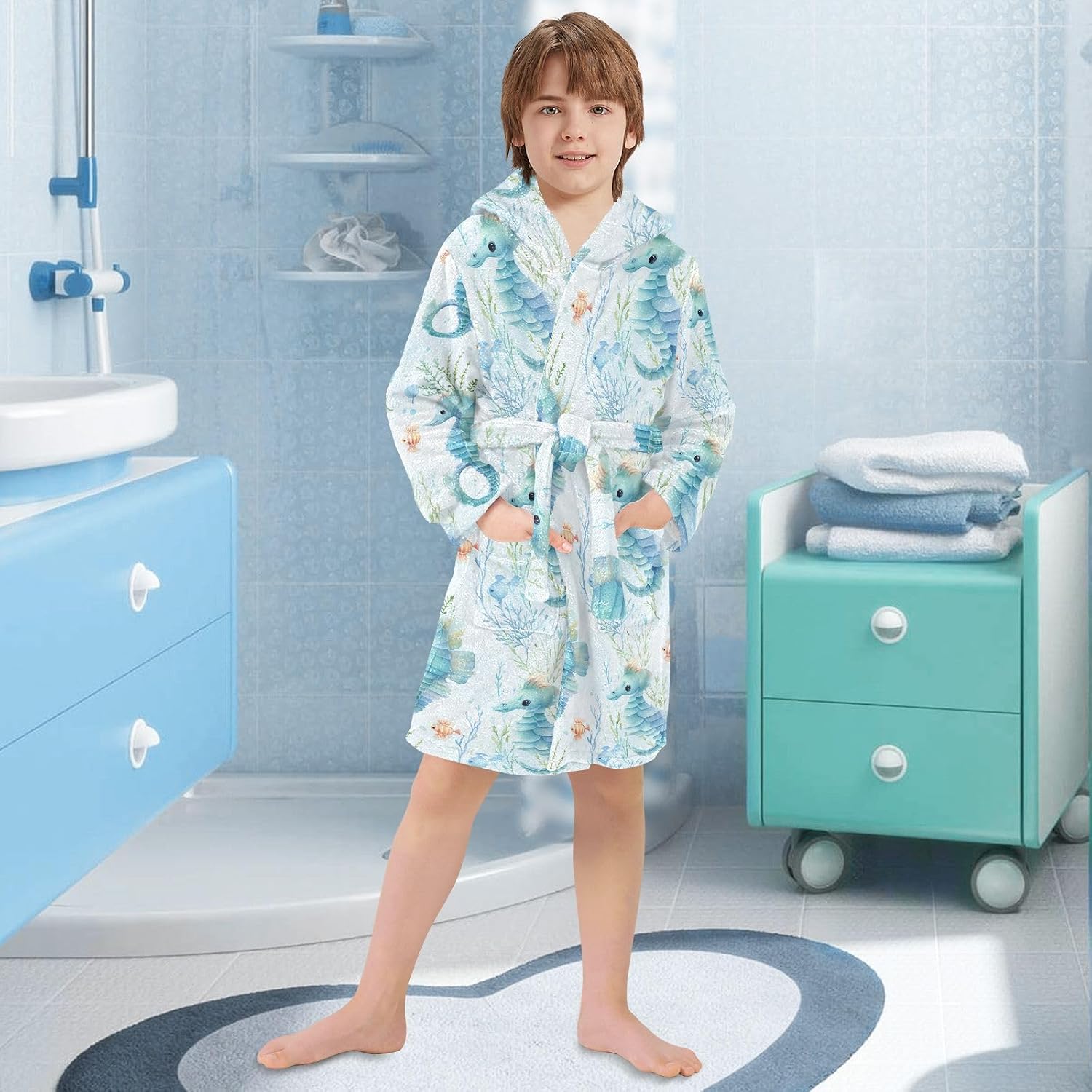 senya Seahorse Toddler Hooded Bathrobe Kids Soft Plush Bath Towel Robes for Boys Girls 2-12 Years