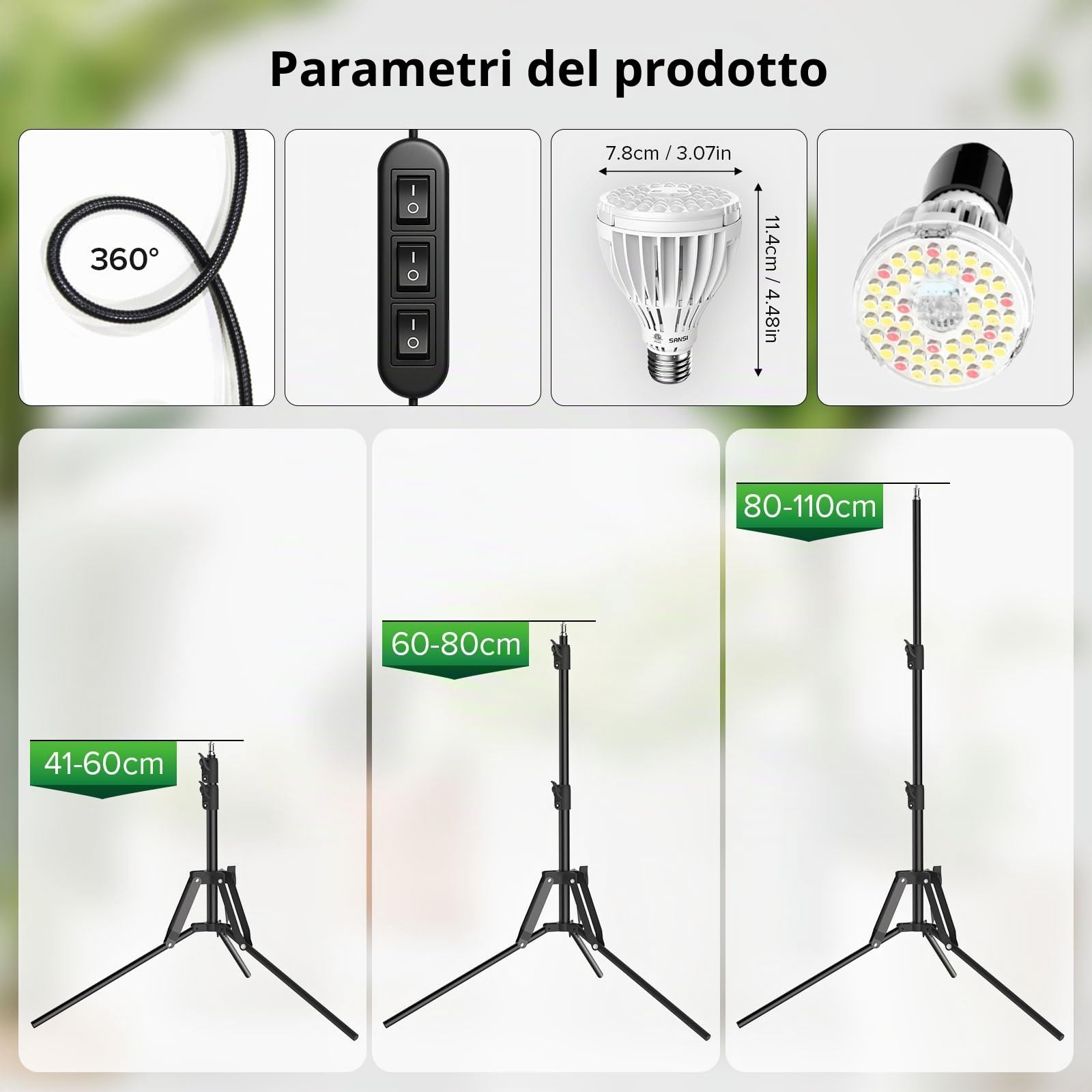 SANSI Lampada LED per Piante 90W con Treppiede, Lampada da Coltivazione a Spettro Completo da Interno con 3 Lampadine LED E27 Rimovibili, Collo D'oca a 360°, Stelo Estensibile da 40cm a 110cm