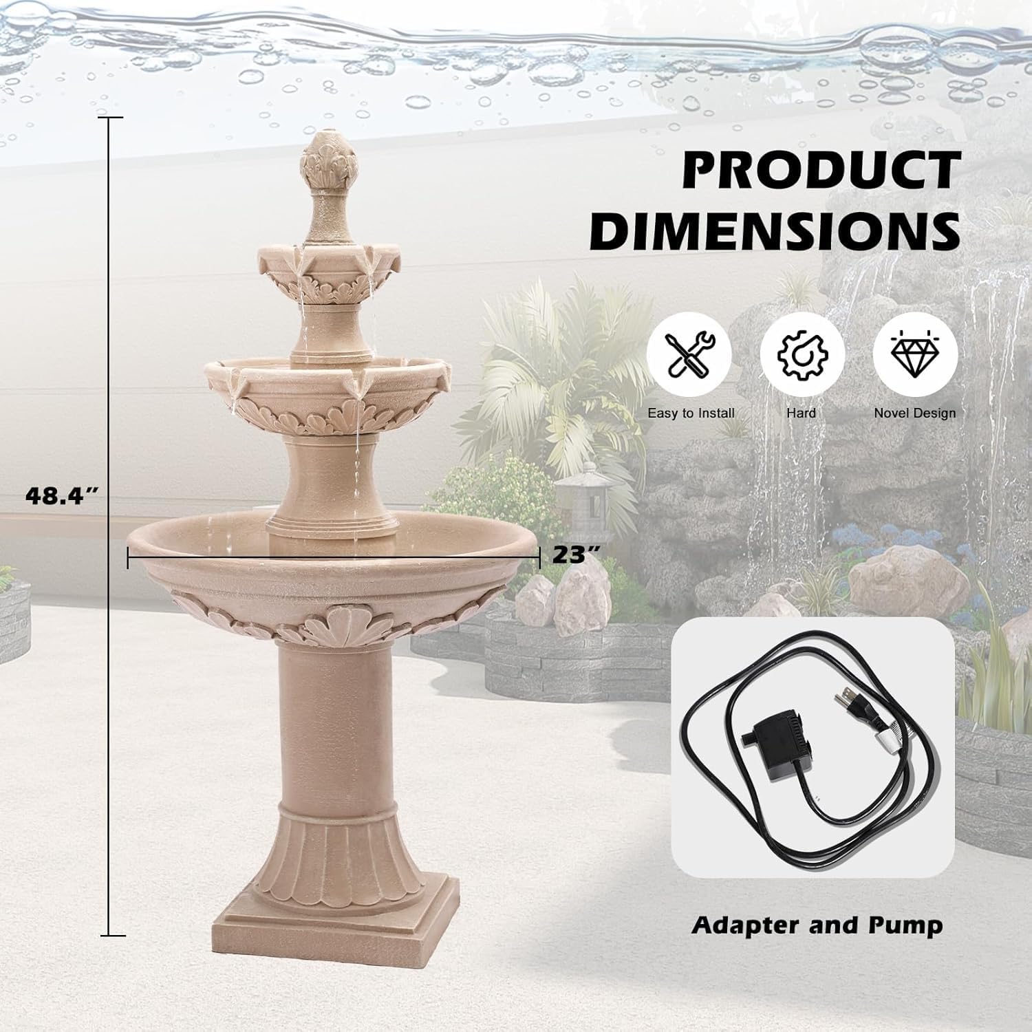 Italian Outdoor Fountains and Waterfalls, 48.4" H Bubbler Floor Waterfall Fountain with Pineapple Top and Pump, 3 Tiered Garden Water Fountain for Patio Backyard Deck and Home Decor