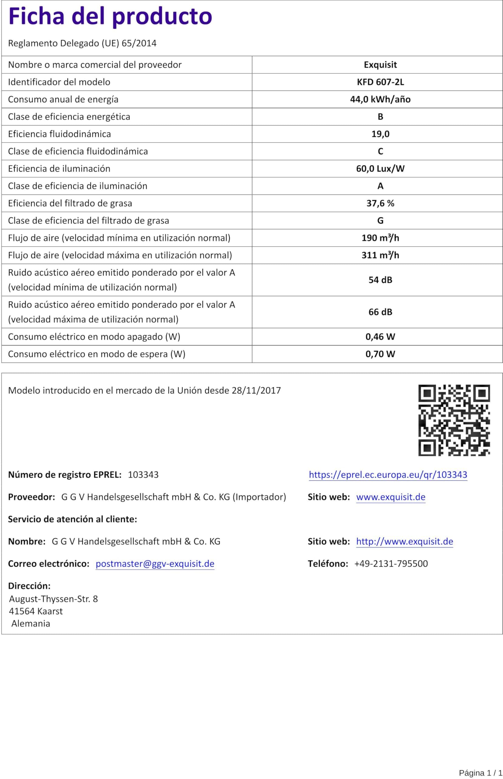 Exquisit® Campana Extractora Cocina, 60Cm, Capacidad de Extracción máx 311 [M³/h], Color Negro, Consumo 44 kWh/año, 3 Niveles de Potencia, Rumorosidad 54 dB(A).
