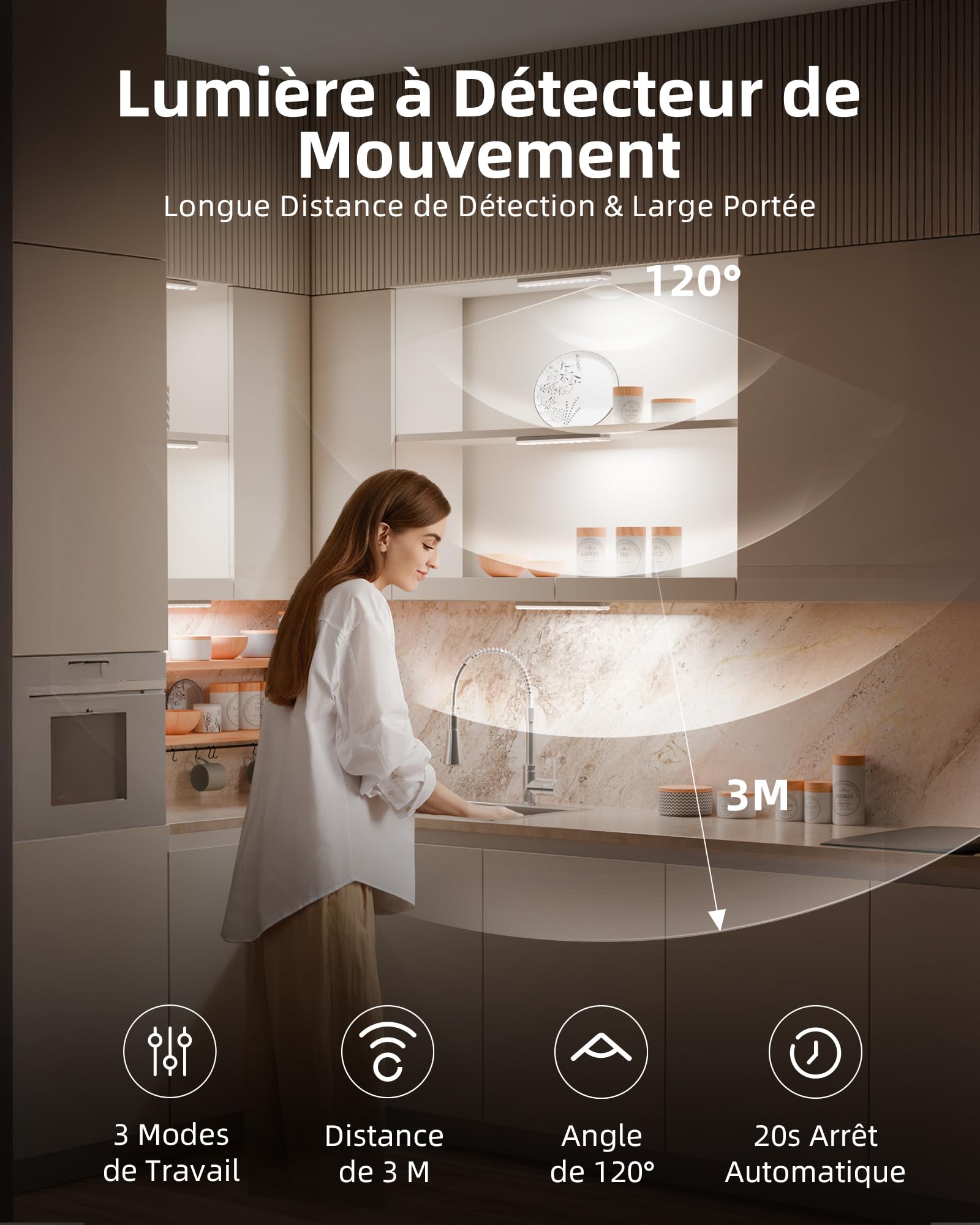 EZVALO Lampe de Cuisine sous Armoire 62 LED avec Détecteur de Mouvement et Station de Charge, Éclairage d’armoire 1600 mAh avec 3 Températures de Couleur pour Cuisine, Placard (6 Pièces)