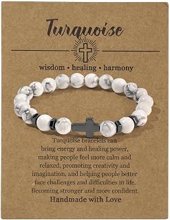 Pingyongchang Natural Stone Christian Cross Gifts for Women Men Healing Crystal Turquoise Bracelet Faith Easter Catholic Religious Stretch Bracelets Stress Relief Anxiety Yoga Bracelet For Teens