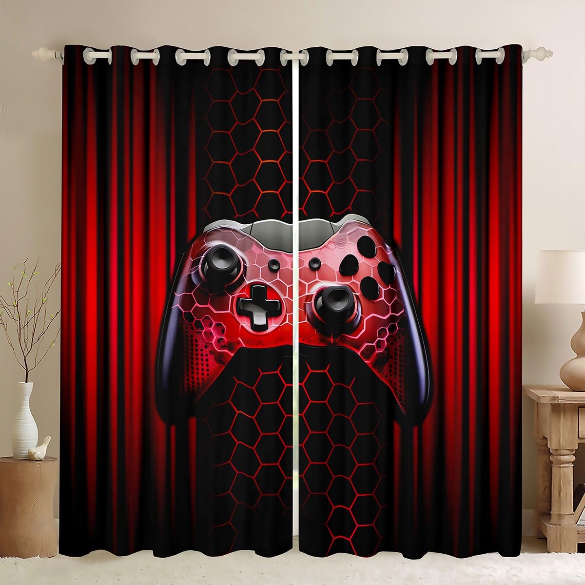 Manfei Video Game Blackout Curtain Red Geometric Gaming Window Drapes for Kids Boys Room Decor, Modern Gamer Controller Window Treatments Grommet Top 2 Panel Set Bedroom Curtains, 66Wx90L inch โ image 1