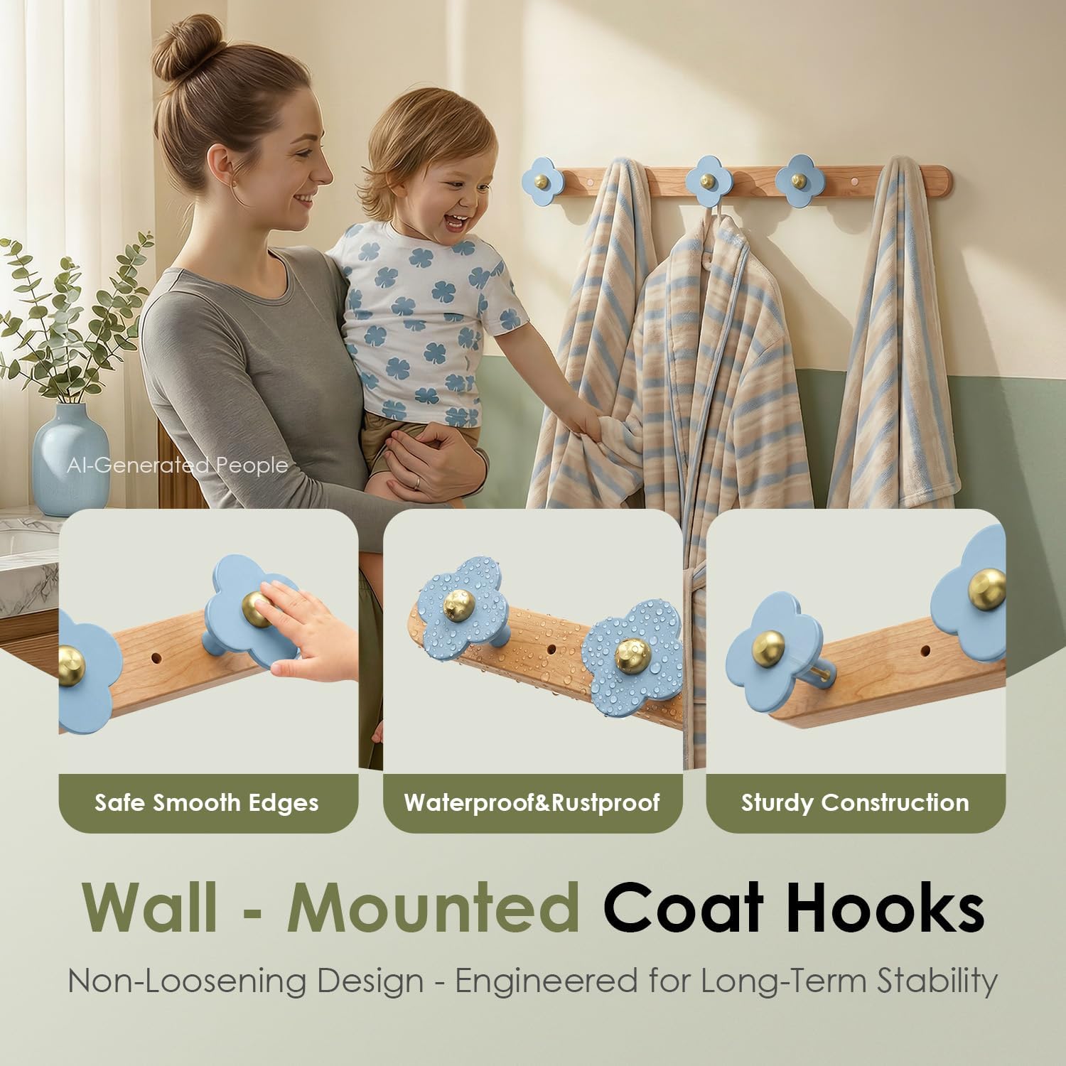Tindbea Upgreded Cheery Wood Wall Hooks Heavy Duty Coat Rack Wall Mount 5 Hooks for Coat, Purse, Hat, Robe, Towel, Clothes, Decorative Home Storage for Bathrooms, Eentryway, Kitchen Door, Blue