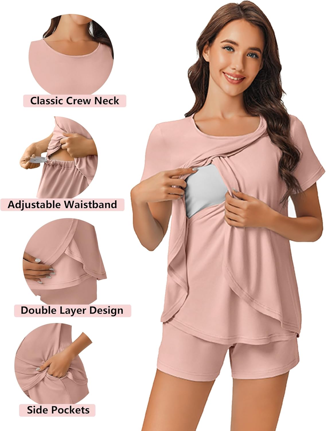 Ekouaer 3 PCS Maternity Nursing Pajamas Set Postpartum Breastfeeding Short Sleeve Shirts, Pregnancy Shorts & Pants Pjs S-XXL - Image 4
