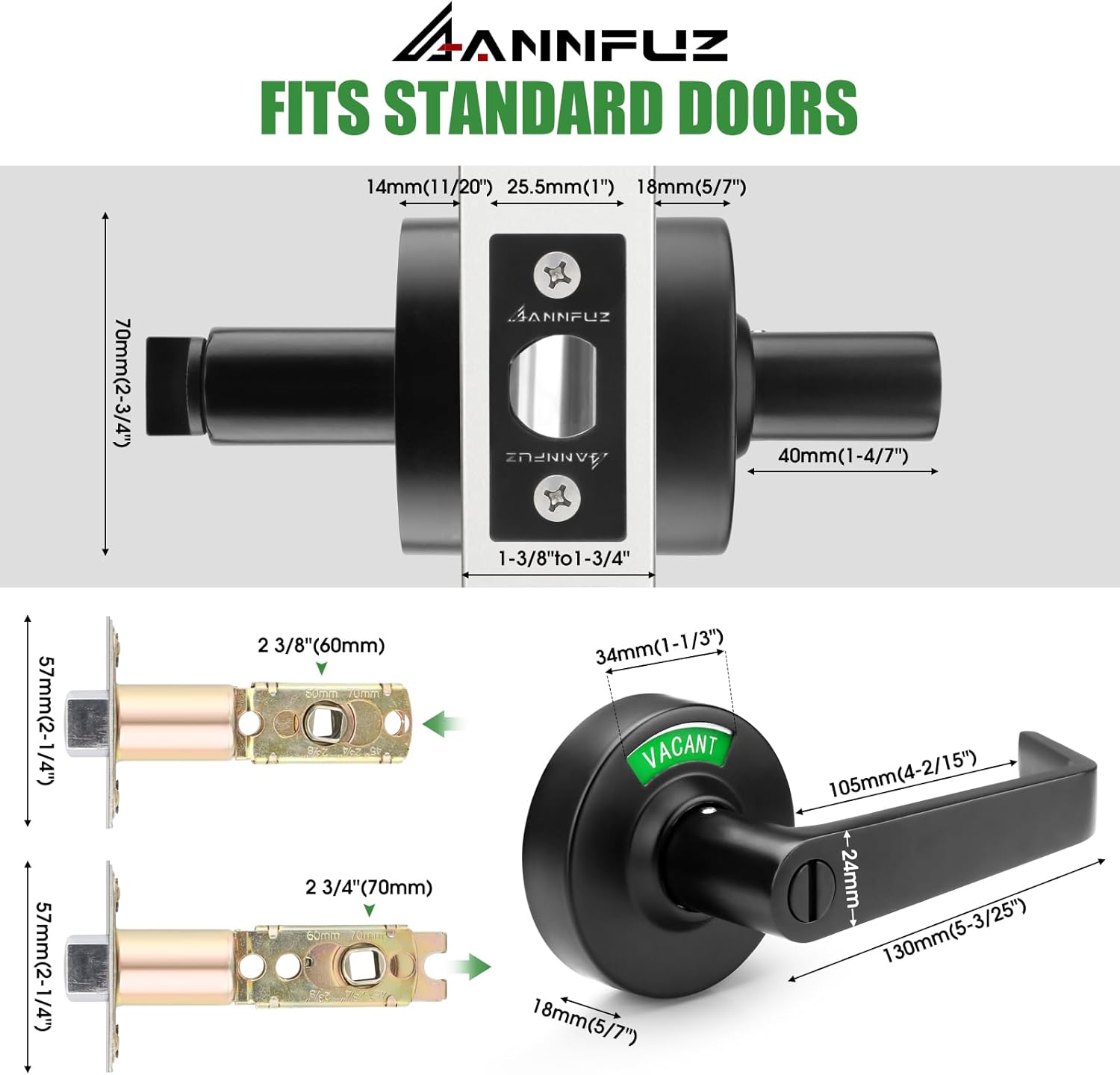 Privacy Keyless Door Handle Lock with in-Use Or Vacant Indicator for Men/Women Restrooms,Commercial Grade,Vacancy Occupied Sign Bathroom Door Lock,Perfect for Public Washroom(70mm,Matte Black)