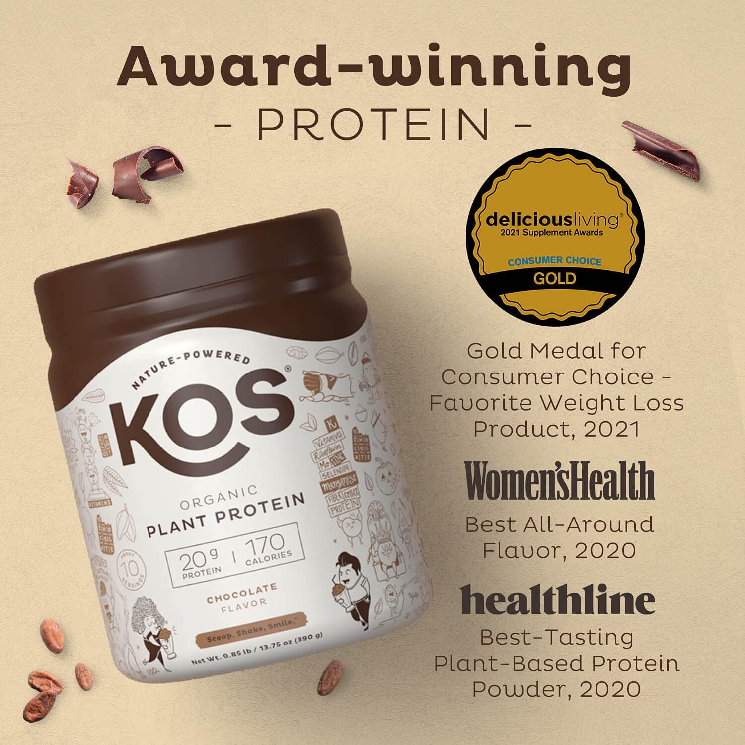 KOS Organic Plant Based Protein Powder, Chocolate - Delicious Vegan Protein Powder - Gluten Free, Dairy Free & Soy Free - 0.85 Pounds, 10 Servings : Health & Household