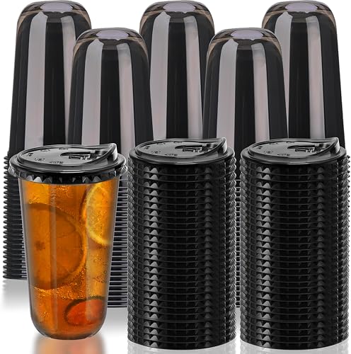 18oz Disposable Stemless Glasses With Strawless Sip Lids,PET Disposable Drinking Cups,Clear Plastic Wine Glasses for Parties Birthday,Wedding,Meeting,Christmas Party Supplies. (100, Black)