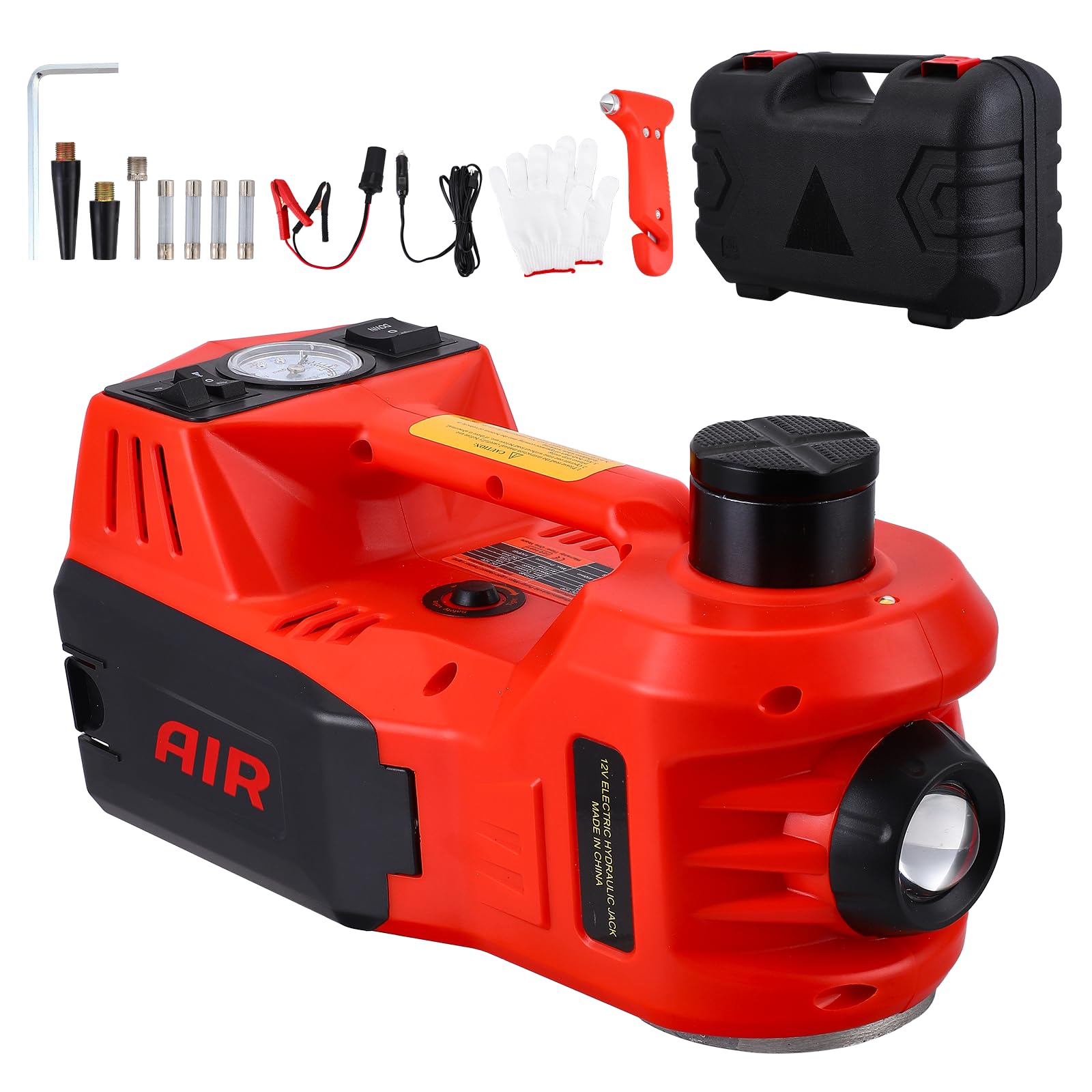 Gato Electrico para Coche 5T, 12 V Gato Hidráulico para Coche, 15-45 cm de Alcance de Elevación, con Bomba Inflable y luz LED, 4 en 1 para Auto/SUV/Camión, Cambio de Neumáticos
