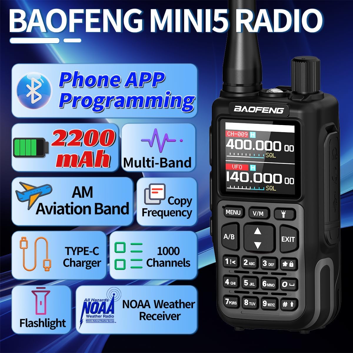 Baofeng Radio UV-5R Mini-5 Ham Radio Handheld Long Range Rechargeable UV5R MINI Dual PTT 2200mAh NOAA Emergency Radio Upgrade UV-5R,APP Programming,USB-C for Survival Gear Hunting Camping,2 Pack