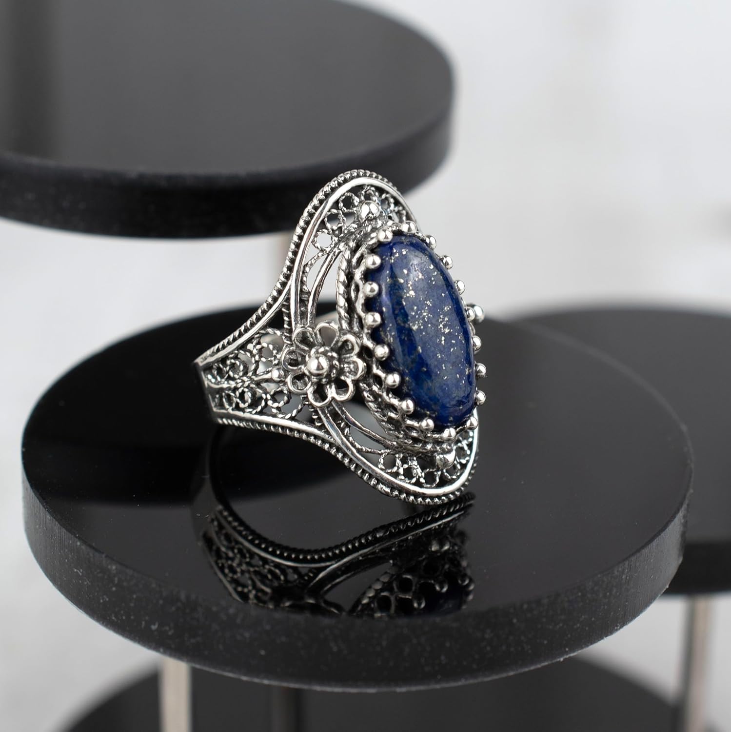 Filigranist 925 Sterling Silver Handcrafted Filigree Art Flower Pattern Woman Oval Statement Ring, Gift Boxed
