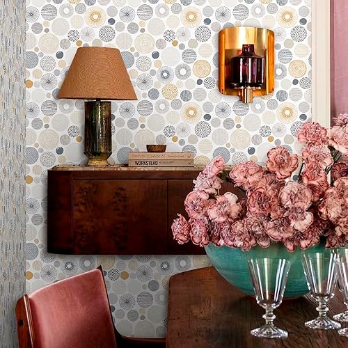 Miniatura 6 de Papel tapiz de 18 x 236 pulgadas, diseño geométrico bohemio de círculo, fácil de despegar, papel de contacto de vinilo vintage, autoadhesivo,