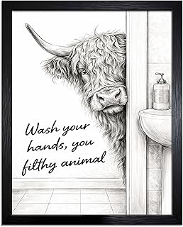 Funny Highland Cow Bathroom Wall Art – “Wash Your Hands, You Dirty Animal” Framed canvas, rustic black and white farmhouse humor decoration, suitable for bathrooms and powder rooms, 8x10 in Framed