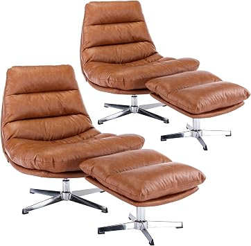 Modern Swivel Accent Chairs with Ottoman Set of 2, PU Leather Oversized Armless Reading Chairs with Footrest, 33 Wide Upholstered Lounge Chairs with Footstool for Living Room Bedroom Comfy, Brown