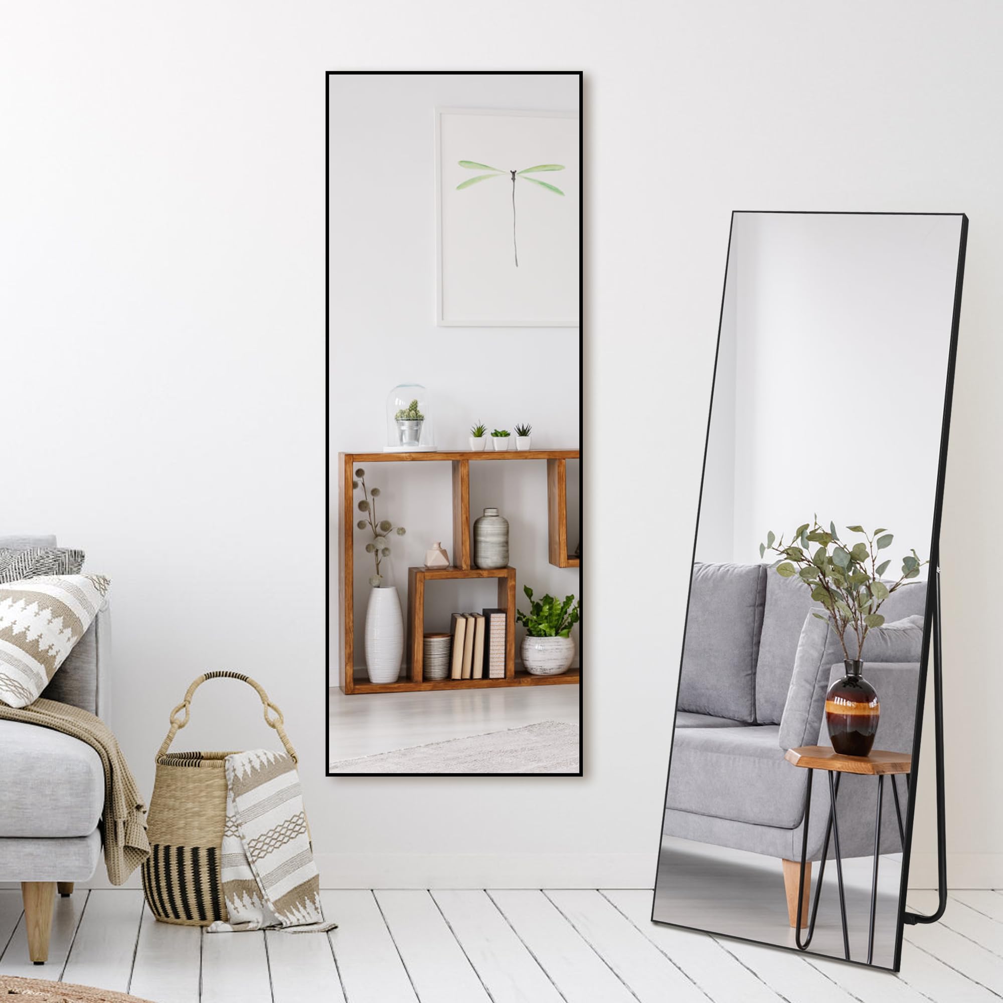 HORLIMER Lustro Ścienne 140x51cm, Lustro Stojące z Czarną Ramą