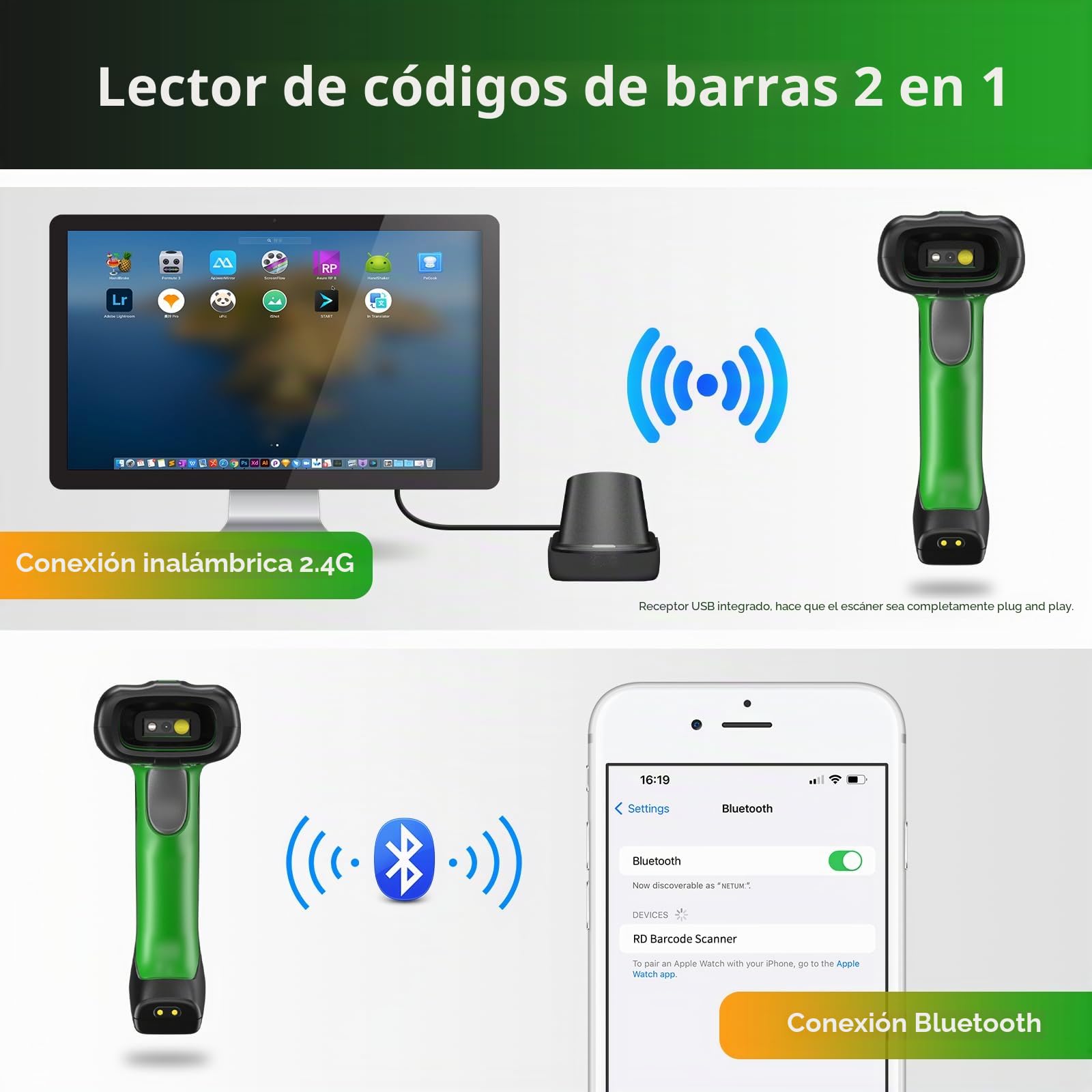 NETUM Escáner de Código de Barras Industrial 2D QR Bluetooth con Base de Carga Lector Inalámbrico 2D 1D Batería 2600mAh Resistente al Polvo Auto-Sense Scanning Windows Mac Android iOS NT-1950