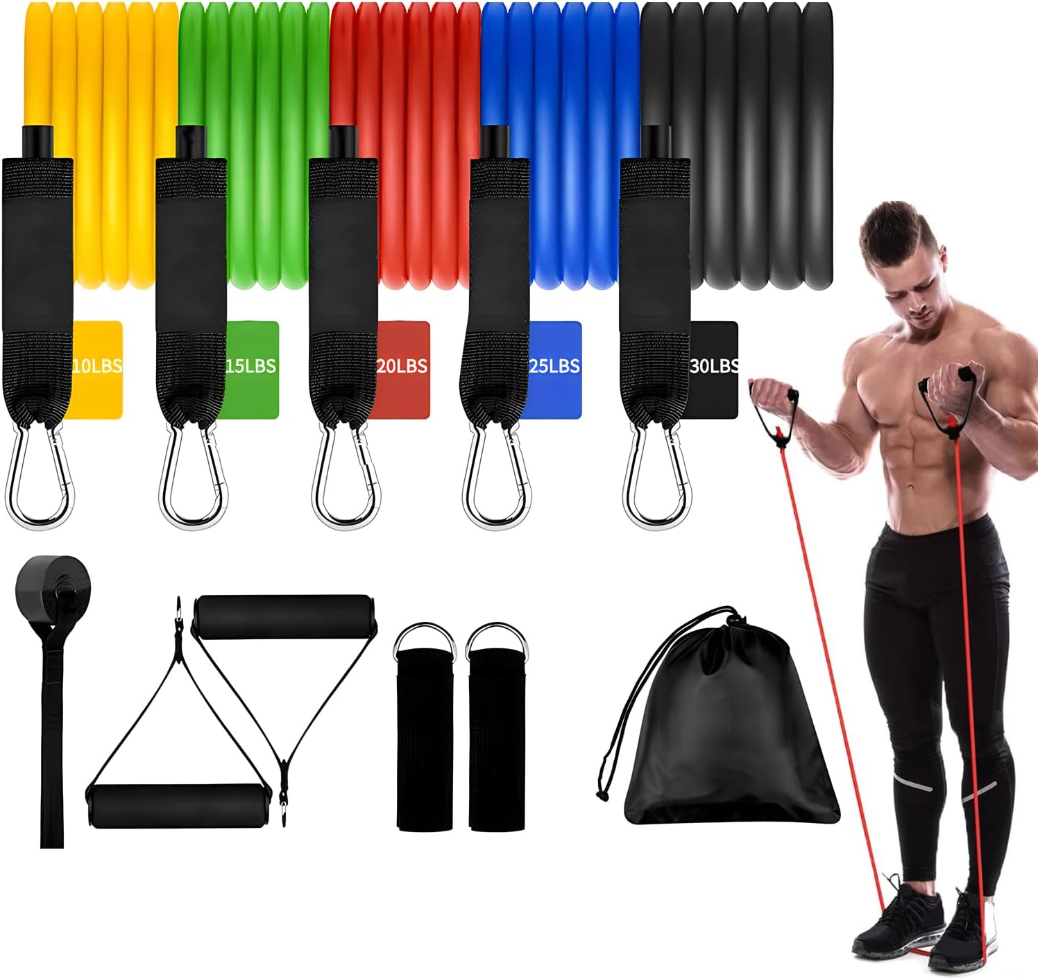 TOYBY Portable Exercise 11Pcs Resistance Band Set Stackable Up to 150 Lbs (5 Stackable Exercise Bands with Door Anchor, Ankle Straps Carrying Case) Exercise Stretch Fitness Home Set