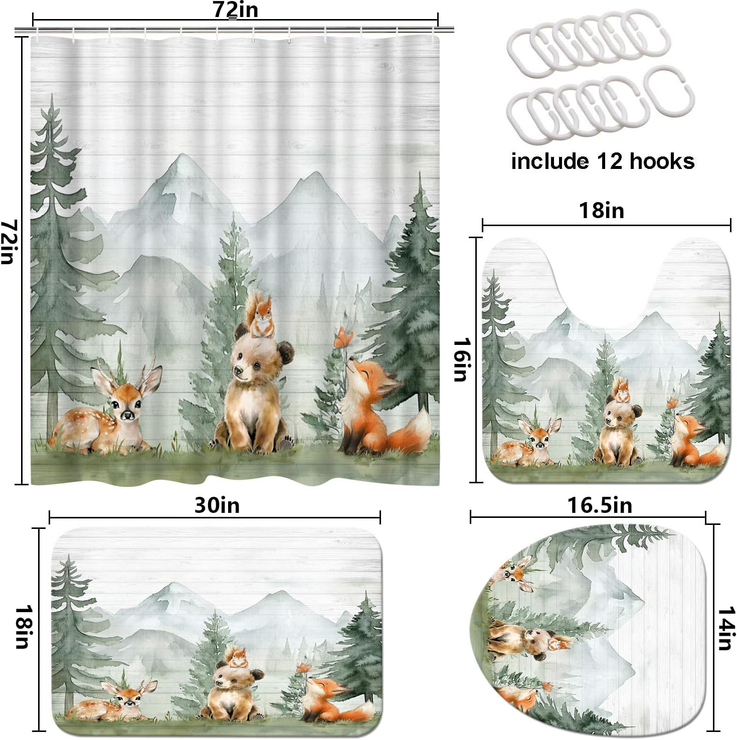 Wooden Forest Animals Shower Curtain 4 Pieces Set Bear Deer Kids Bathroom Decor for Boy Girl