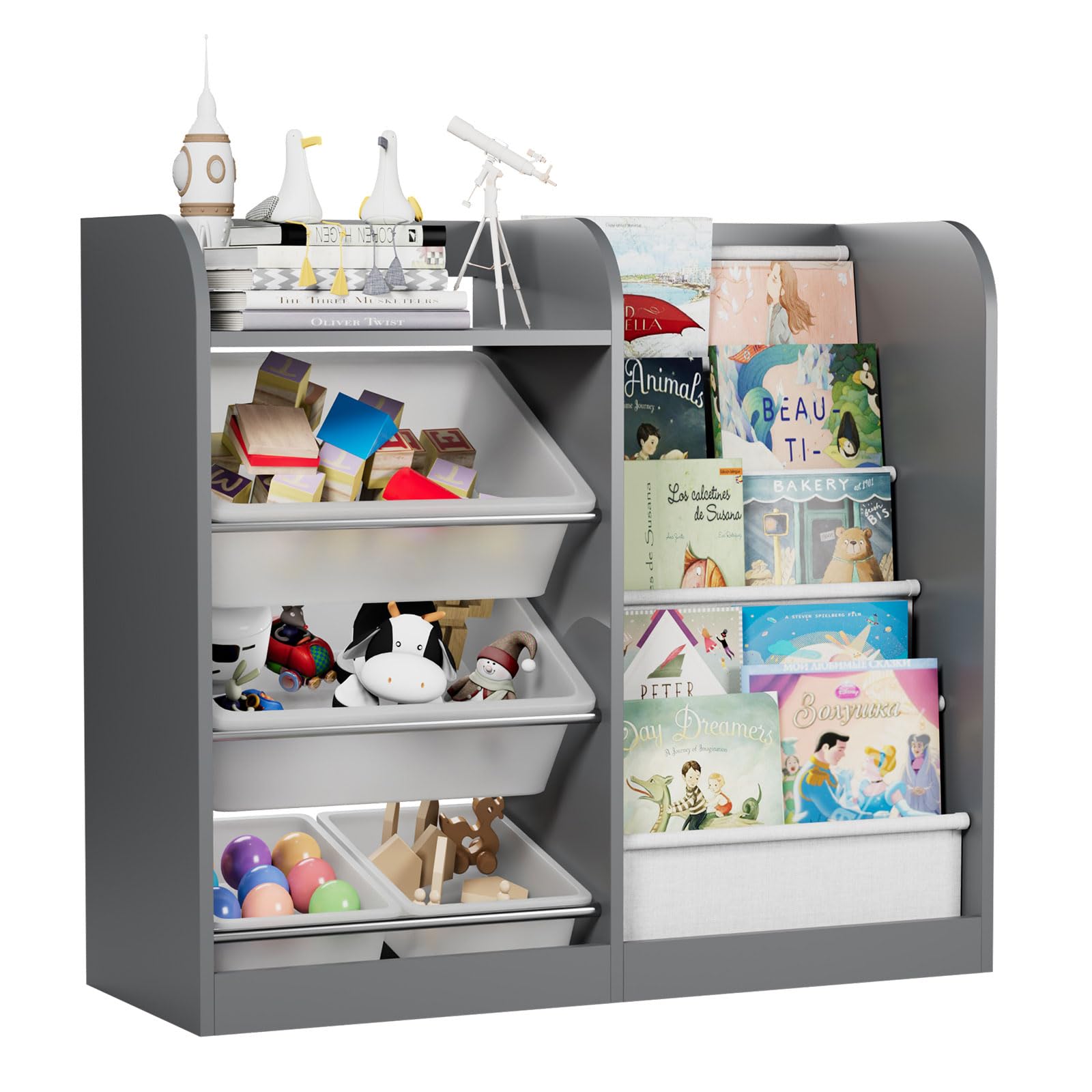 Grey Kids Wood Bookshelf Toy Storage Box Organizer Shelf W/4 Removable Plastic Toy Bins Children Bookcase Toddler Baby Sling Book Rack Cabinet Chest