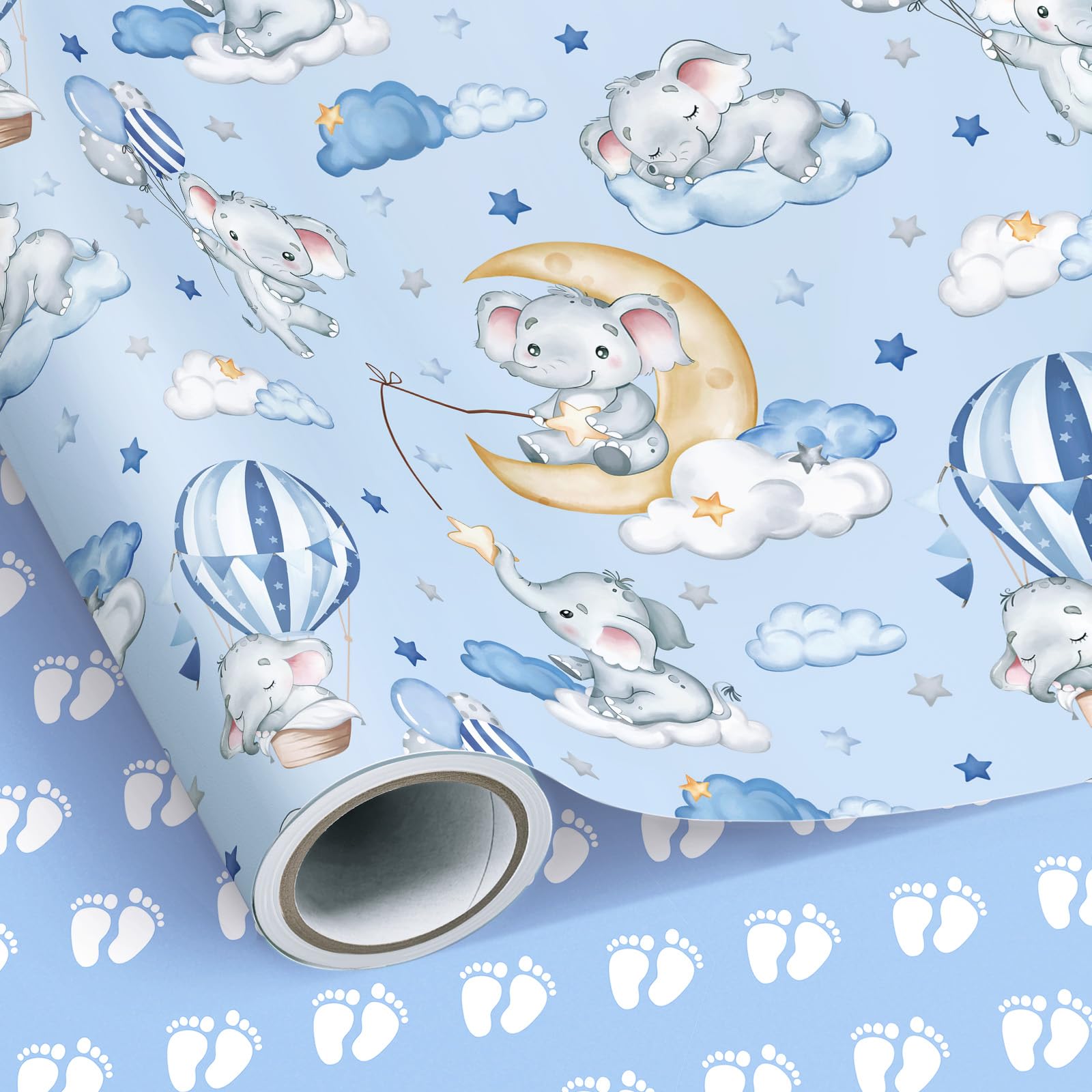 SHUCHING Elephant Wrapping Paper Roll - 43 cm x 10 m, Reversible Blue Footprint Gift Wrap for Girls, Boys, Birthdays and Baby Showers