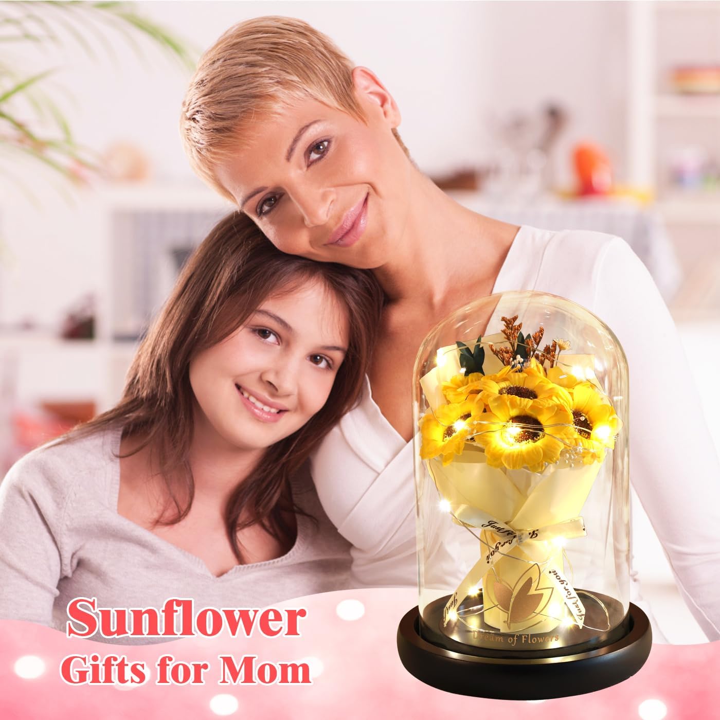 Valentines Day Gifts, Sunflower Gift for Mom-Preserved Artificial Rose Flower Gifts for Women Friends Sunflower Gifts for Her,Light Up Rose in Glass Dome-Thankgiving Birthday Valentine Anniversary
