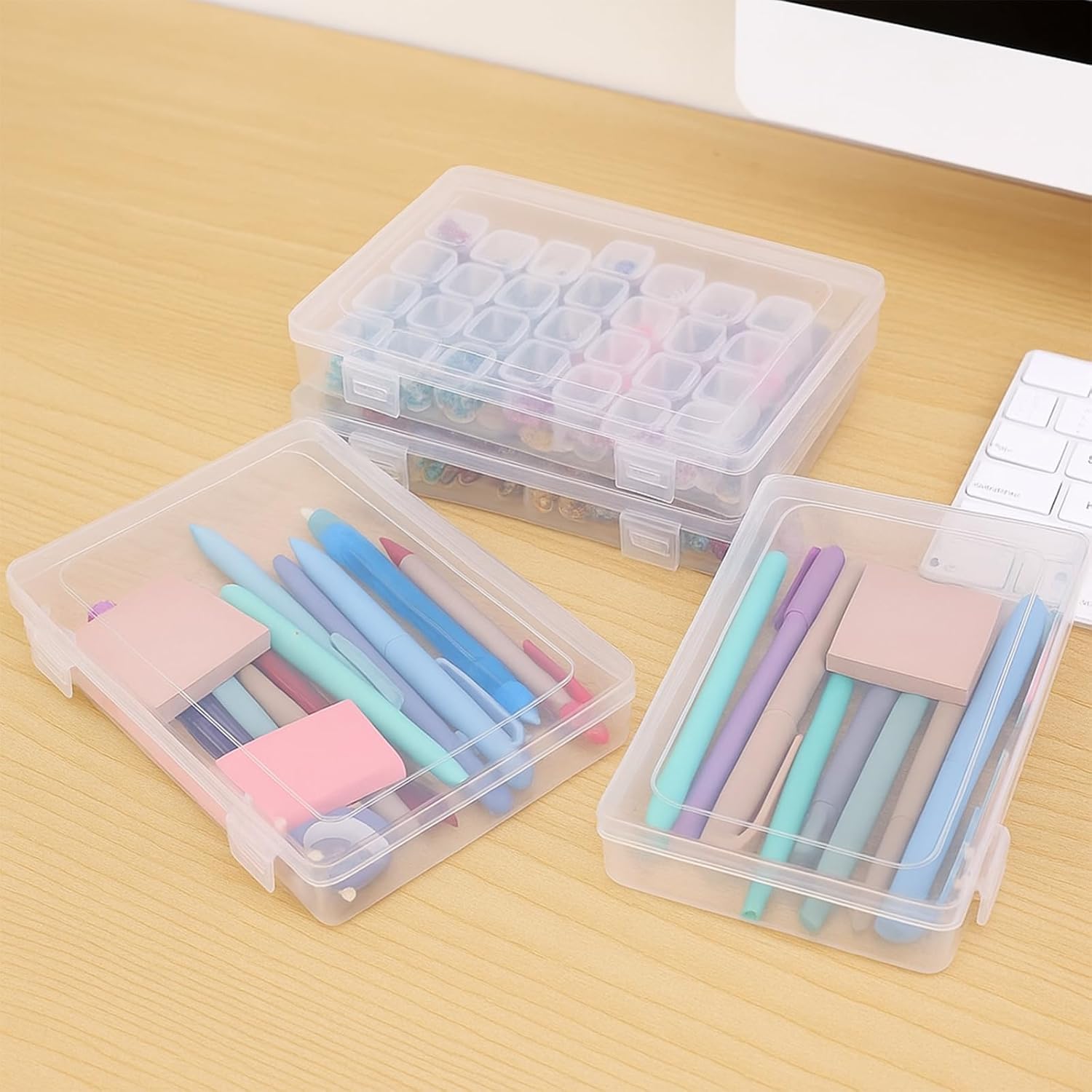 12 Pack Clear Plastic Storage Containers with Lids 8 x 5.5 x 1.2 Inch Clear Plastic Pencil Box Empty Hinged Boxes Rectangular Stackable Organizer Boxes for Home, Office, Craft Supplies