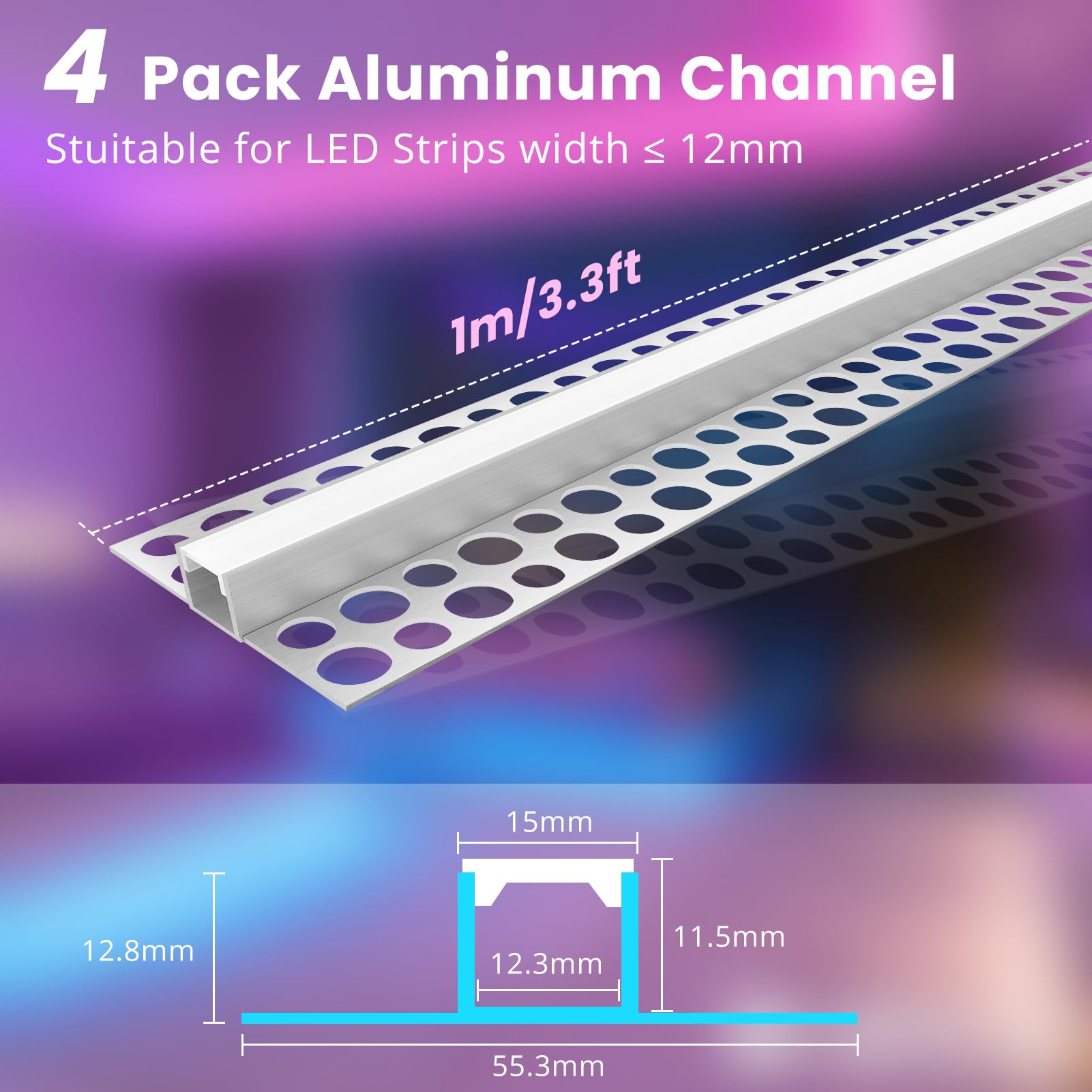 Profilo LED intonacato, confezione da 4, canale LED in alluminio da 1 m, con diffusore lattiginoso per strisce LED da 12 mm, profilo da incasso in cartongesso senza finiture per soffitti e