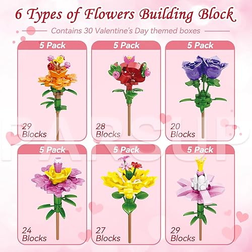 Miniatura 2 de 30 piezas de regalos para el día de San Valentín para niños 6 bloques de construcción de flores artificiales diferentes con cajas de regalo de San