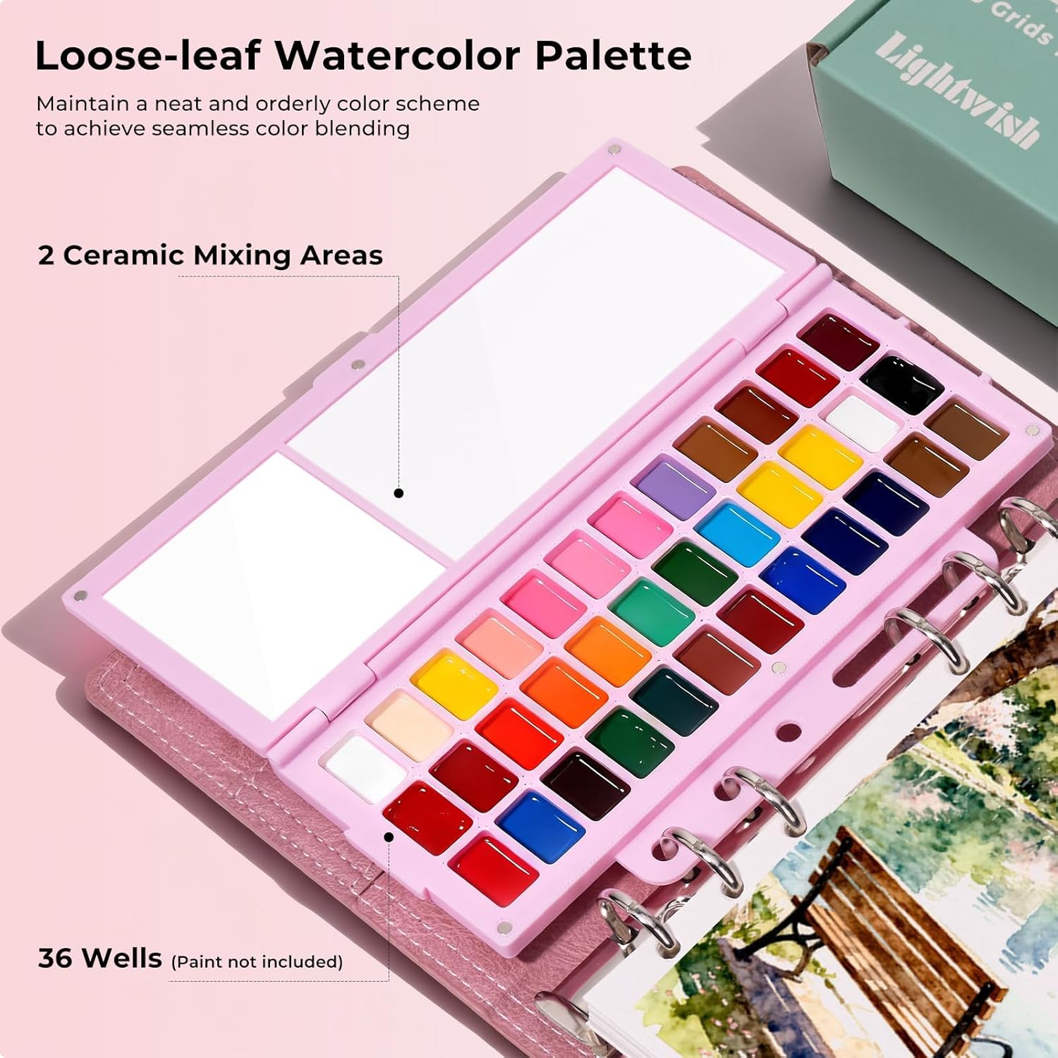Travel Watercolor Sketchbook Set - 100% Cotton Cold Press 6.7x3.9 Inch Binder Art Journal with 36-Well Ceramic Paint Palette & 2 Travel Watercolor Brushes for Artists Outdoor Painting