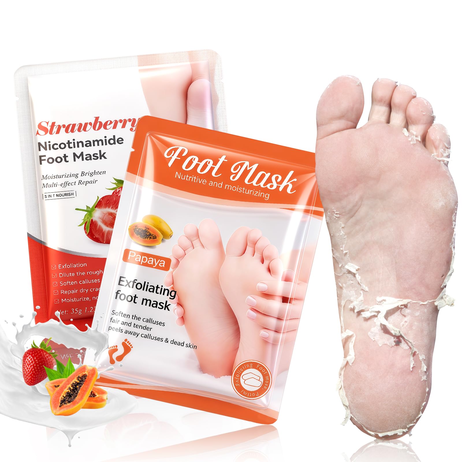 2 Paires Masque Pied Exfoliant，Masques Nourrissant pour les Pieds, Chaussette Exfoliante Pieds très Secs et Abîmés, Hydratation Profonde, pour Femmes & Hommes (Fraise+ Papaye)