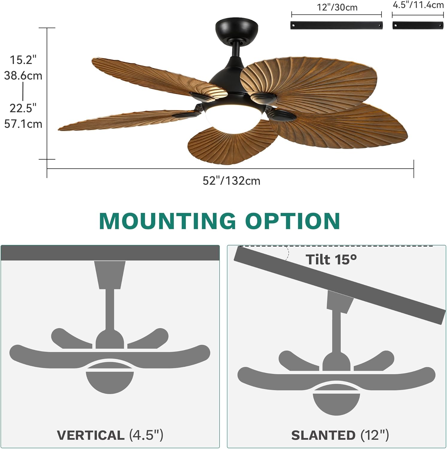 Diagram showing dimensions of the 52-inch ceiling fan and two mounting options: vertical with a 4.5-inch downrod and slanted with a 12-inch downrod for up to 15-degree tilt.