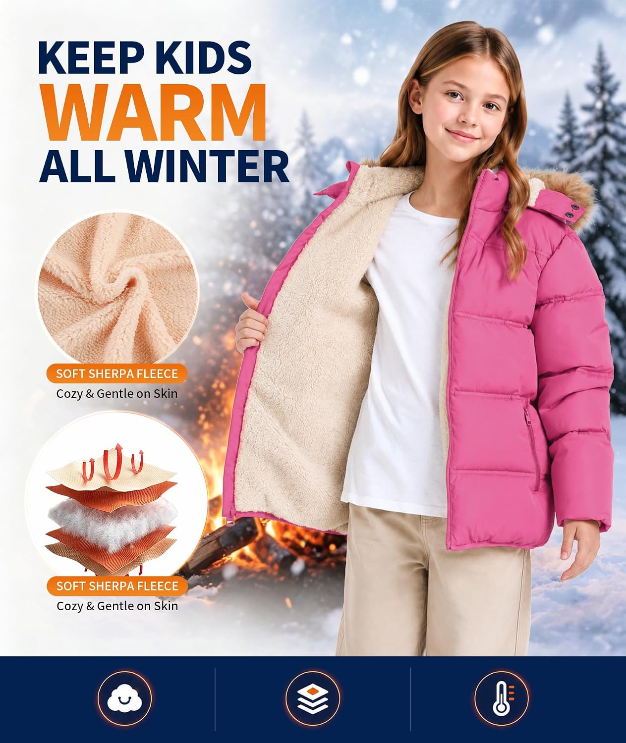 GEEK LIGHTING Kids Winter Jacket Water Resistant Fleece Lined Hooded Coat | Kids Heavyweight Hooded Puffer Jacket Detachable Hood Ideal for School, Snow and Outdoor Play